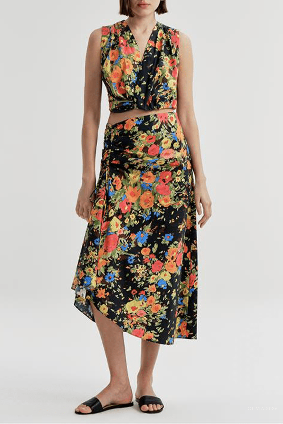 Naomi Cotton Floral Midi Skirt in Black Persimmon - shop-olivia.com