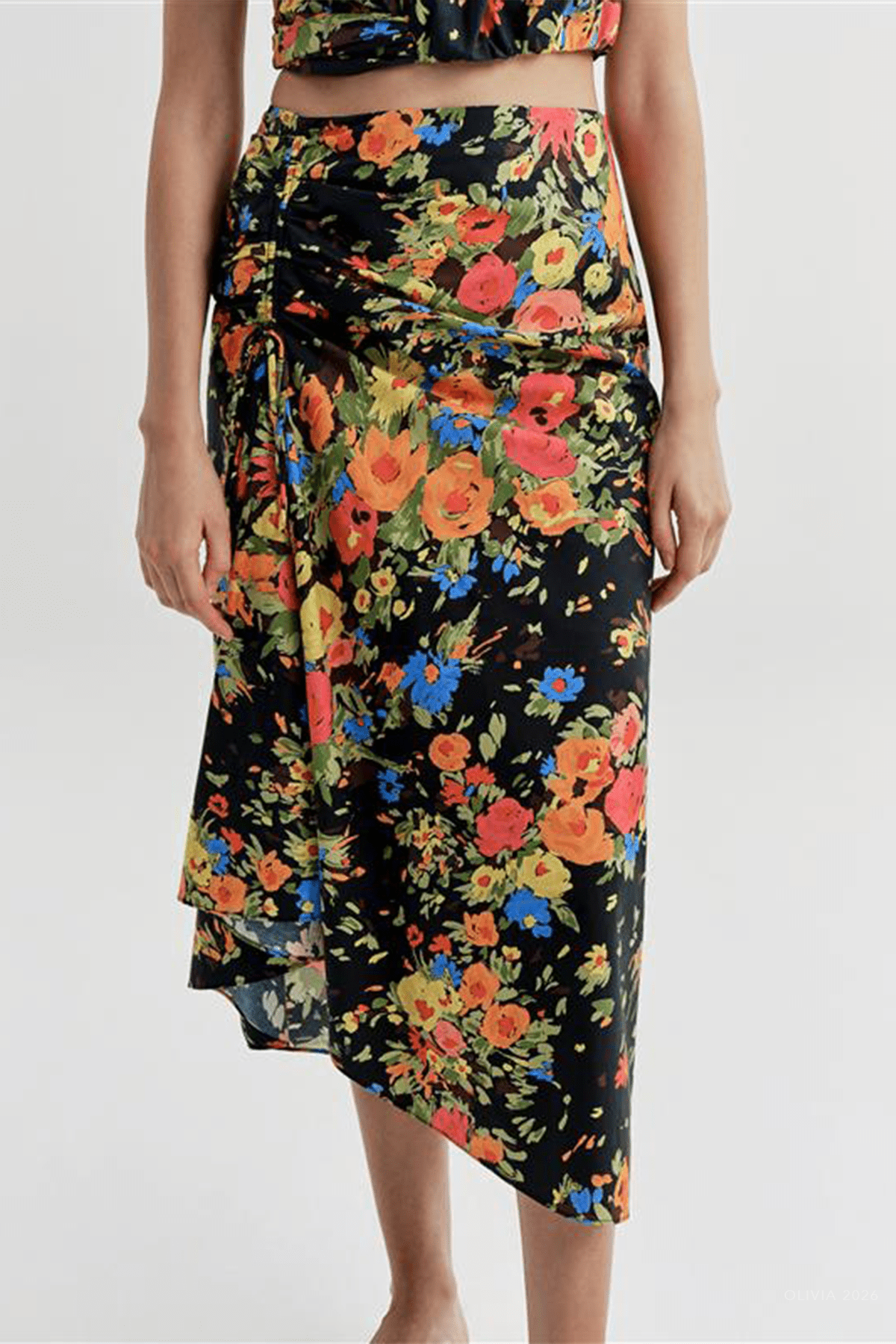 Naomi Cotton Floral Midi Skirt in Black Persimmon - shop-olivia.com