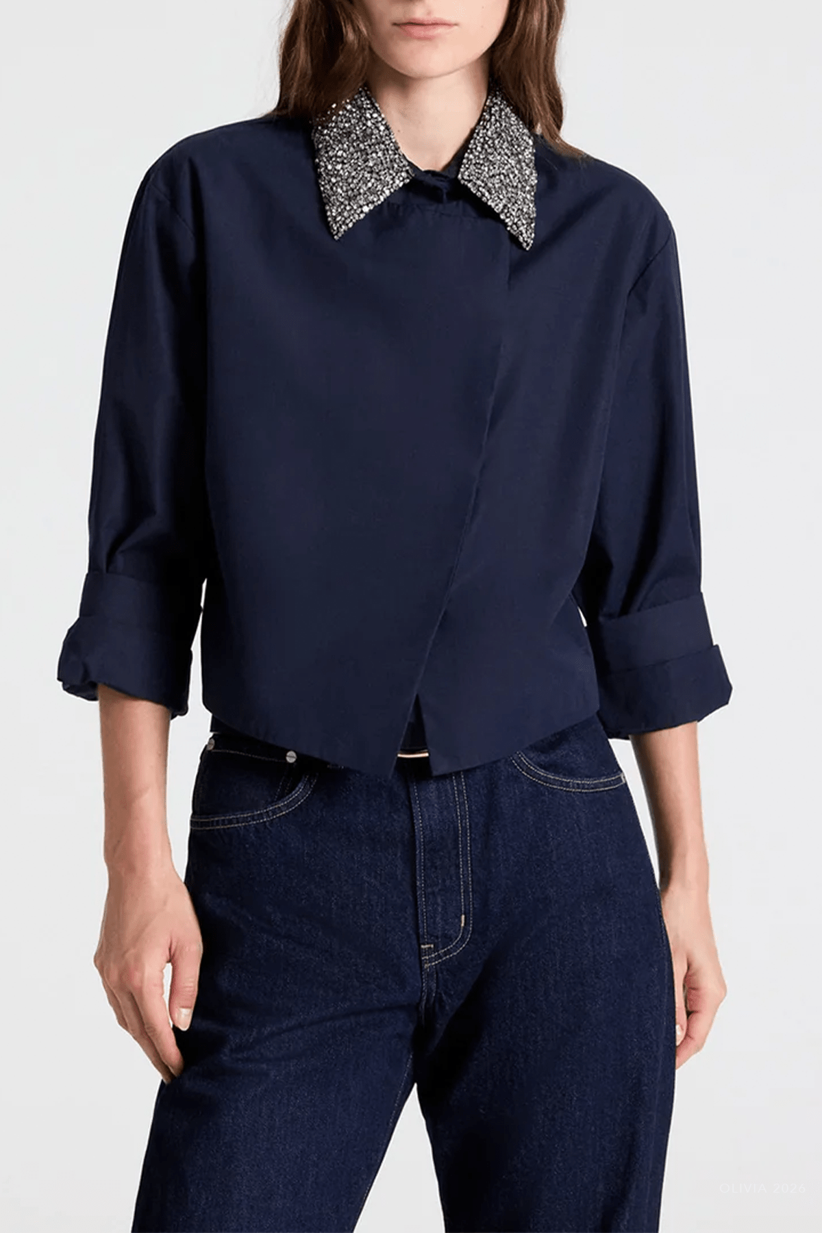 New Chapter Shirt with Crystal Collar in Midnight - shop-olivia.com