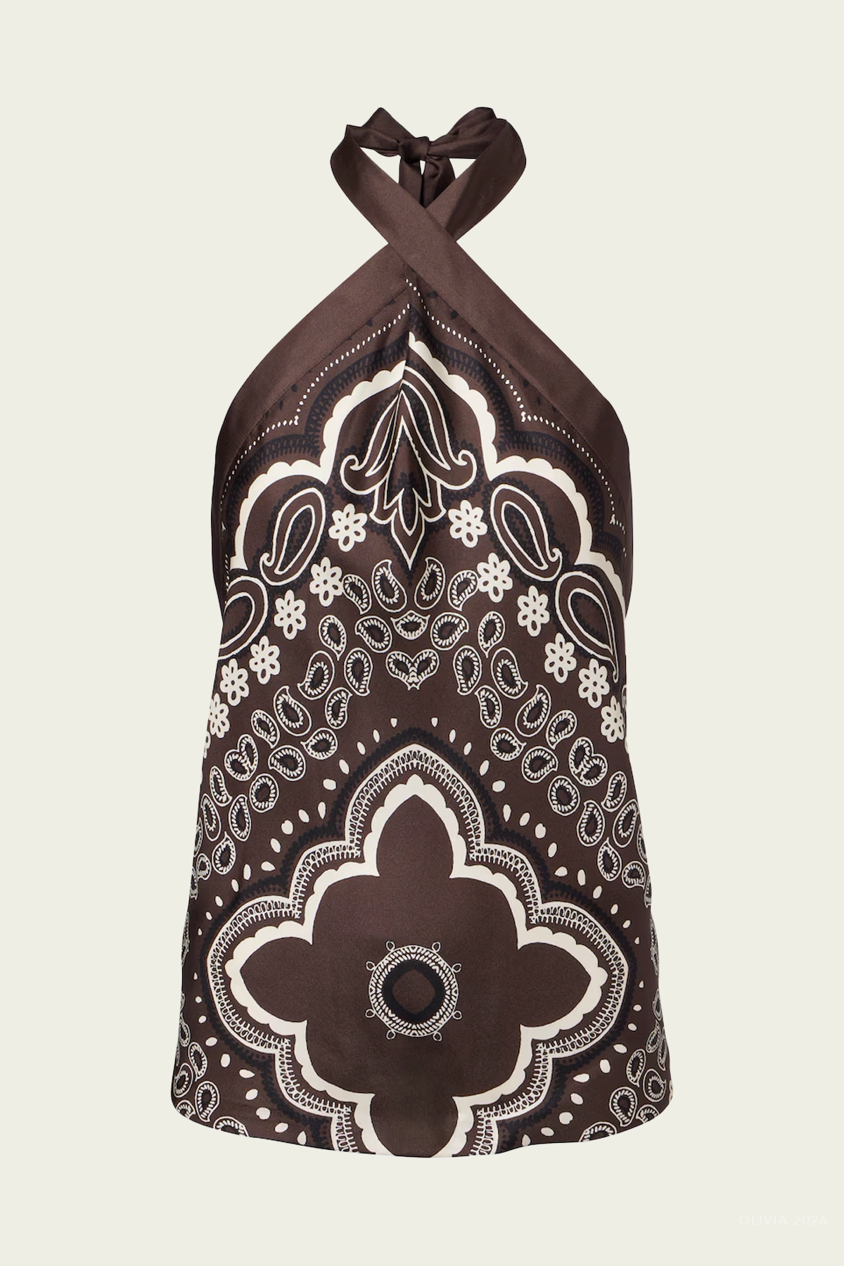 Solal Silk Halterneck Top in Brown Ivory Bandana Print