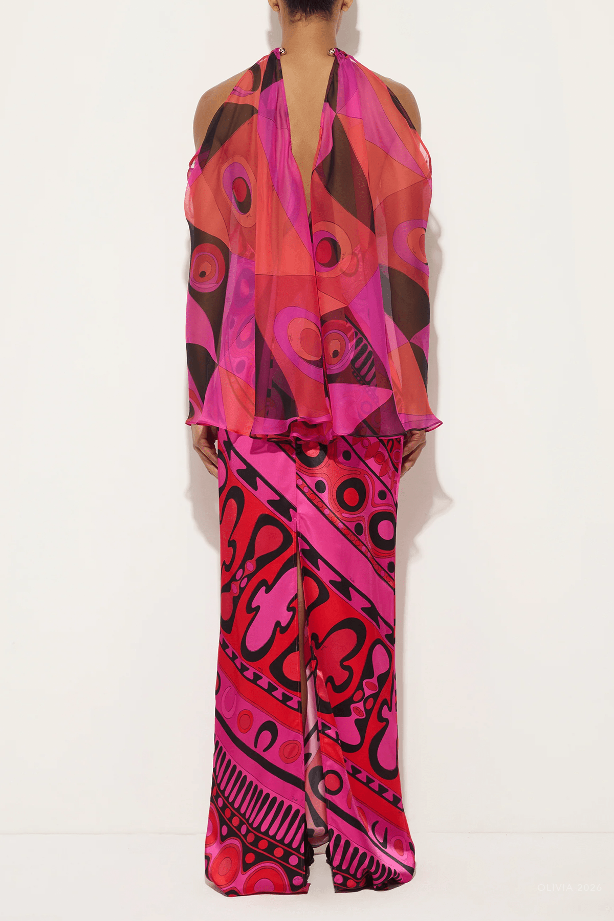 Occhi-Print Satin and Chiffon Dress in Fuchsia Black - shop-olivia.com