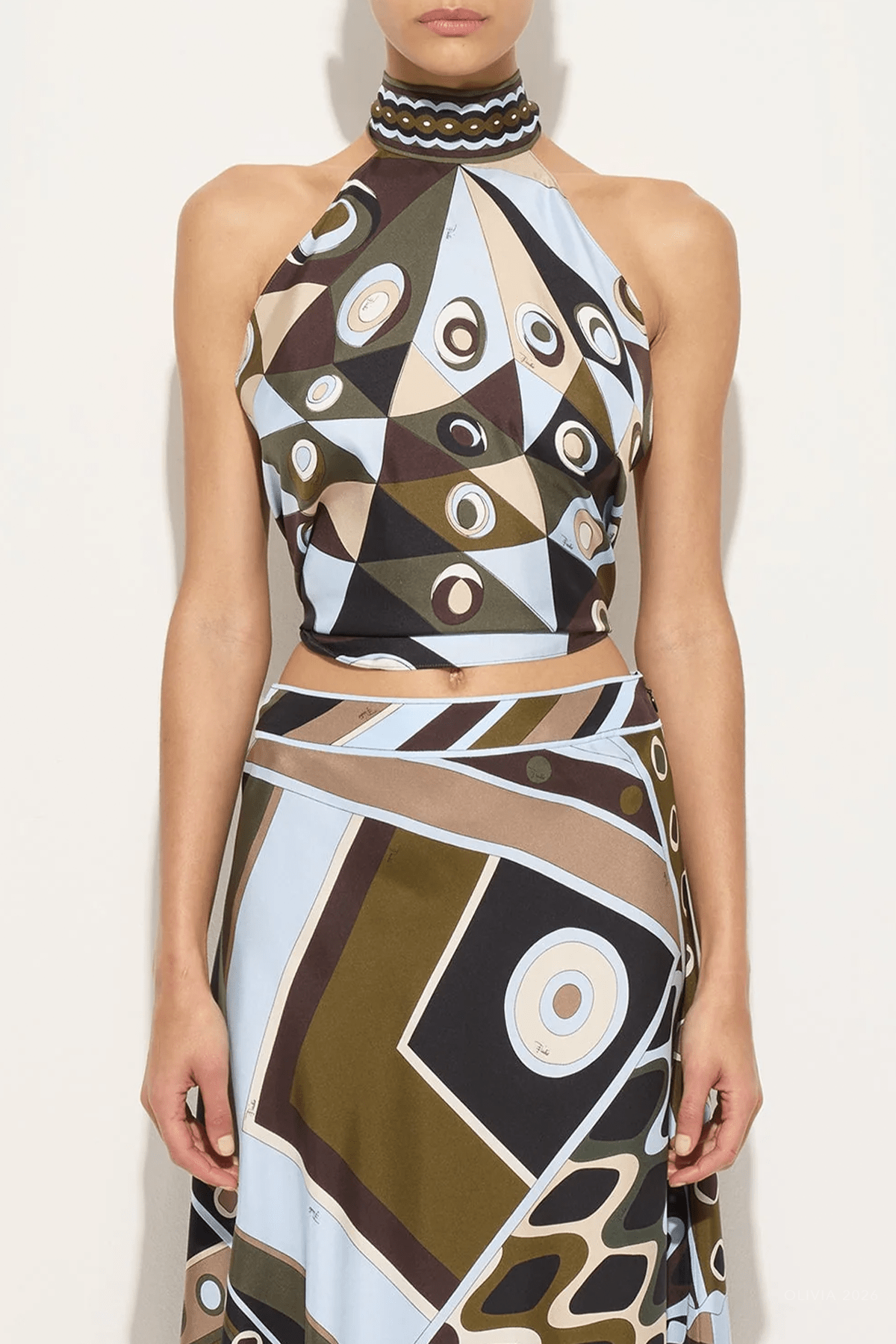 Occhi - Print Sleeveless Silk Top in Khaki Blue - shop - olivia.com