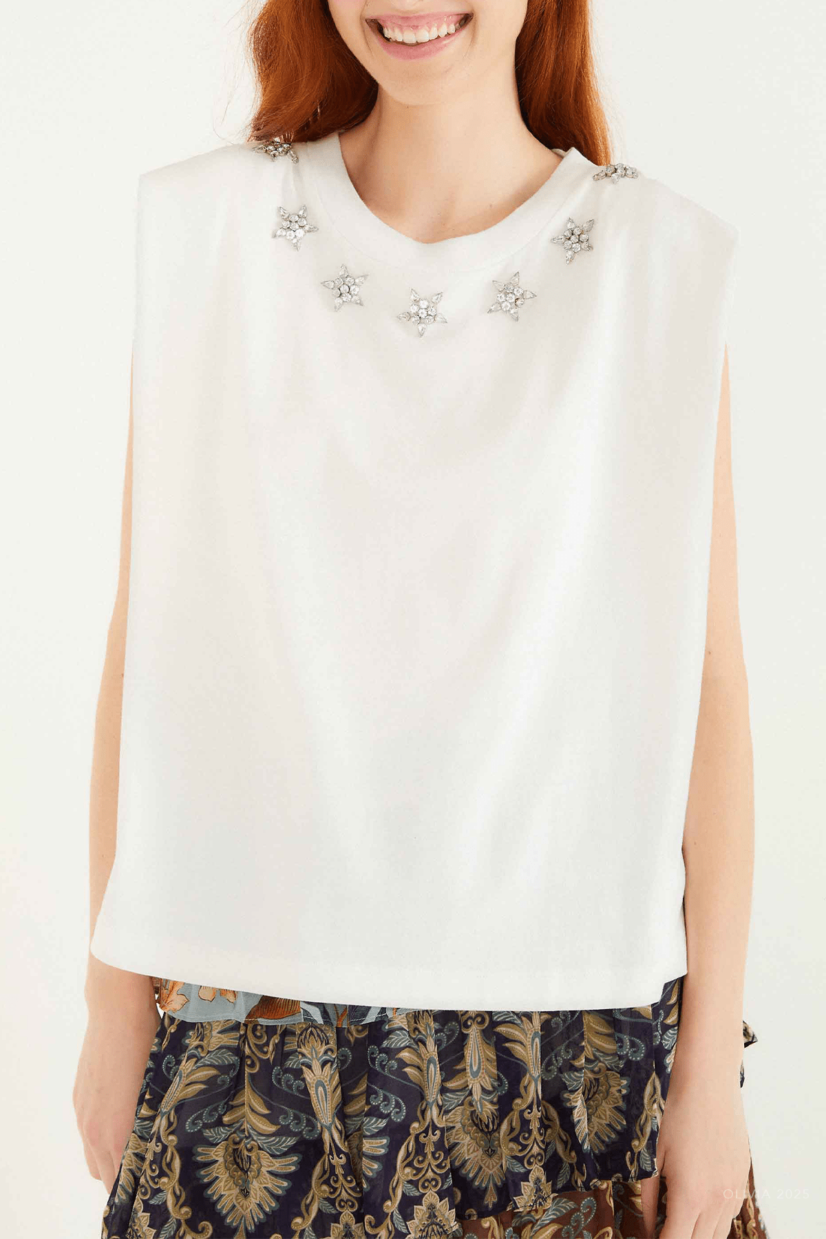 Off - White Sparkling Embroidered Padded Shoulder T-Shirt - shop - olivia.com