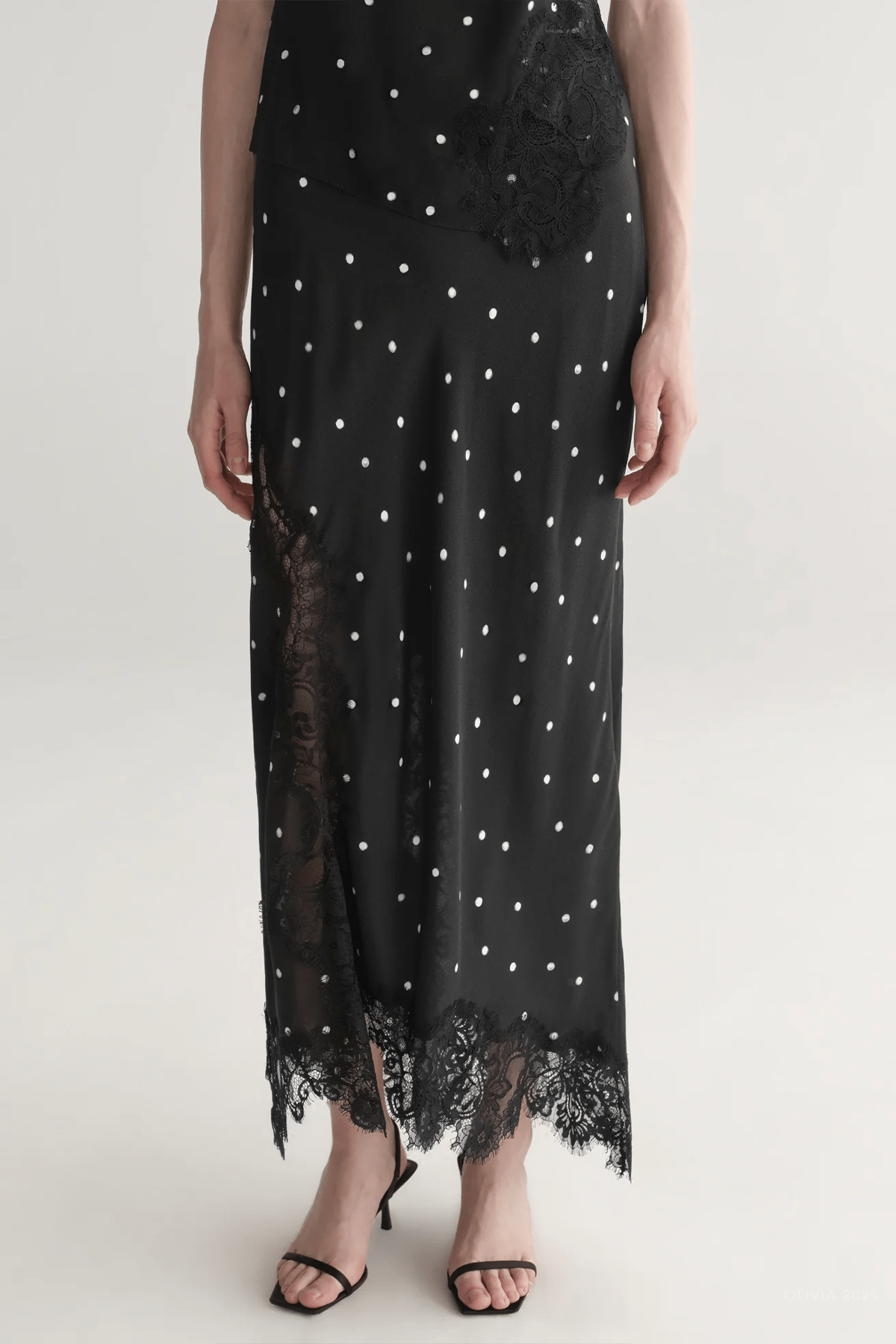 Olivia Polka Dot Crepe And Lace Midi Skirt in Black Cream - shop - olivia.com