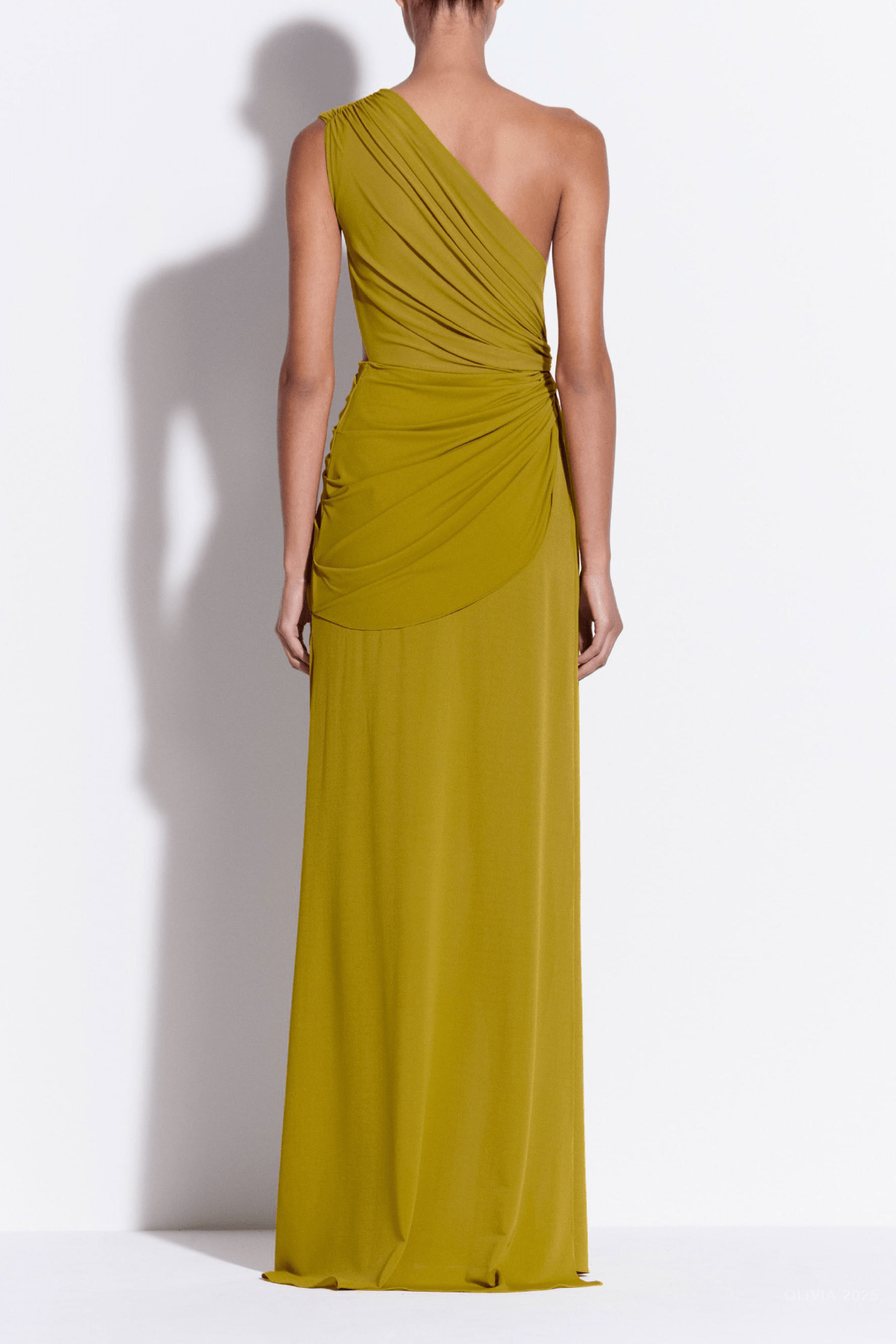One - Shoulder Draped Gown Crepe Jersey in Chartreuse - shop - olivia.com