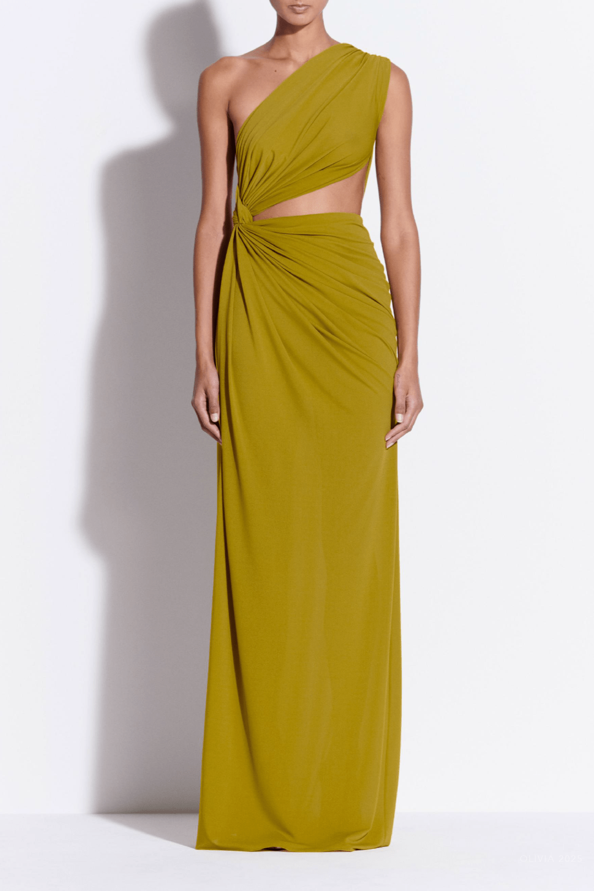 One - Shoulder Draped Gown Crepe Jersey in Chartreuse - shop - olivia.com