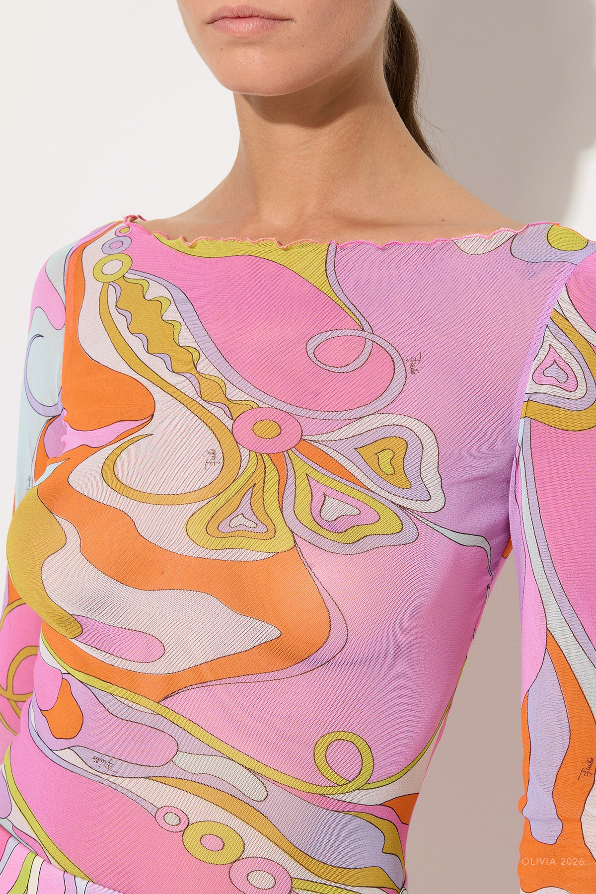 Orchidee-Print Long-Sleeve Tulle Top in Multicolor - shop-olivia.com