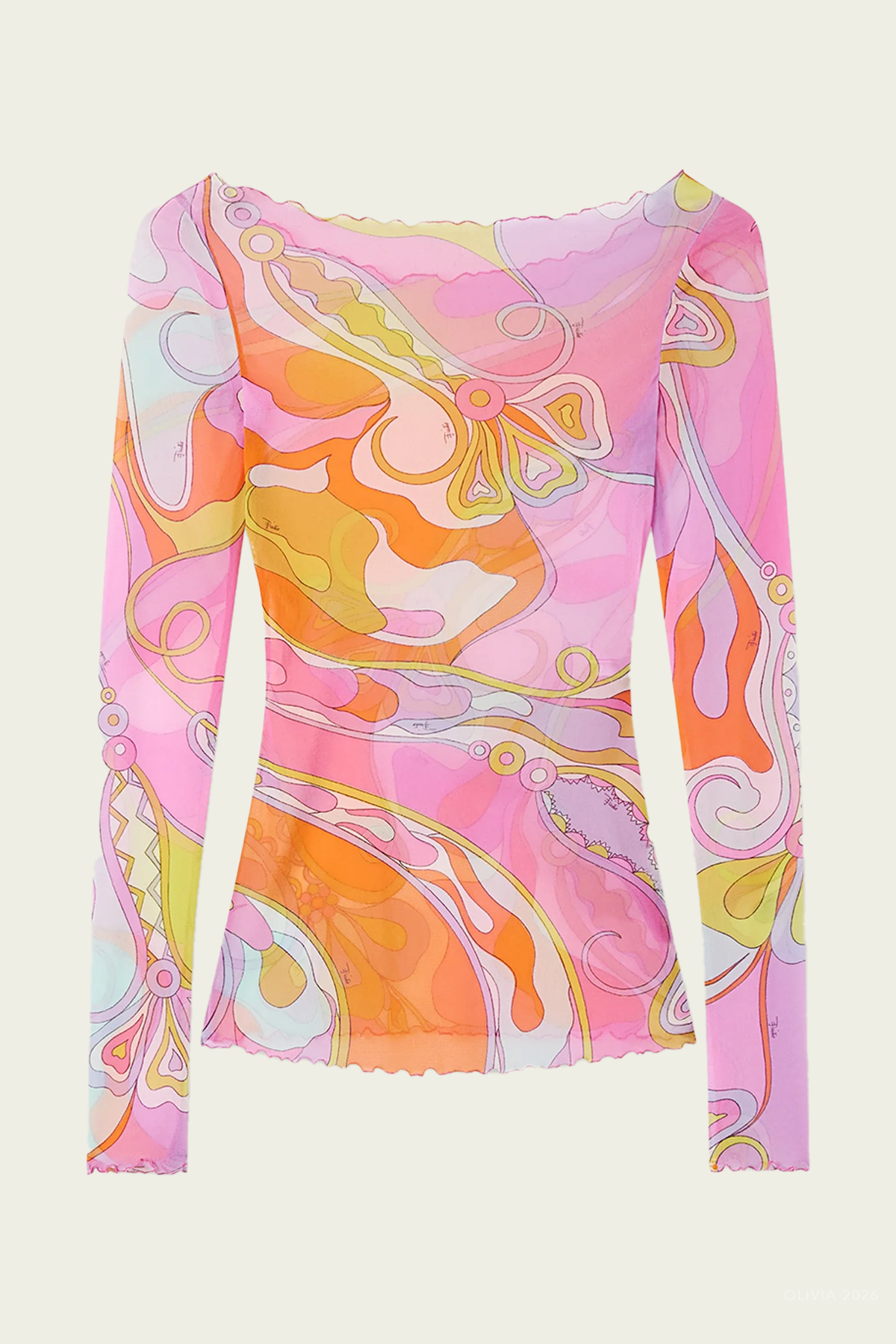 Orchidee-Print Long-Sleeve Tulle Top in Multicolor - shop-olivia.com