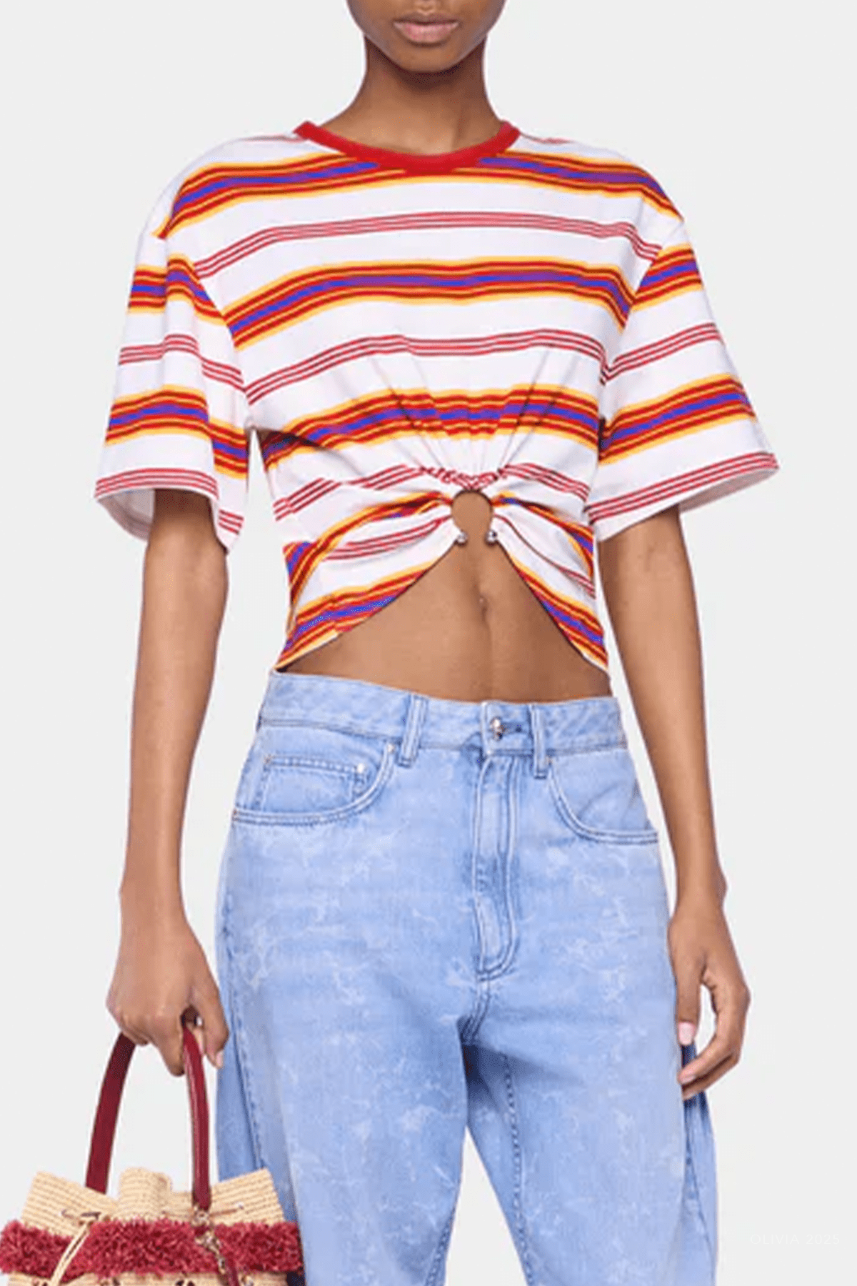 Piercing Detail Cropped T-Shirt in Stripe Cream - shop - olivia.com