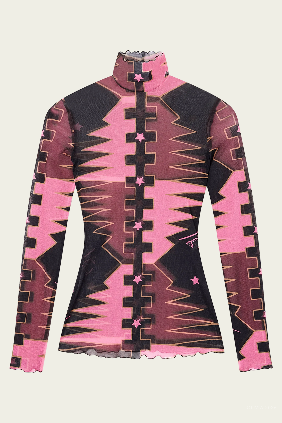 Valdimontone-Print High-Neck Tulle Top in Brown Coral