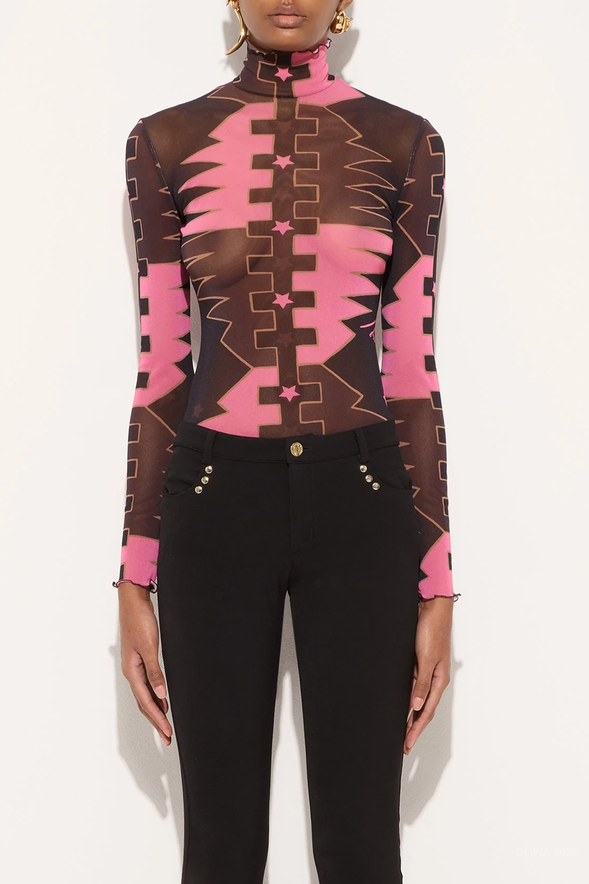 Valdimontone-Print High-Neck Tulle Top in Brown Coral