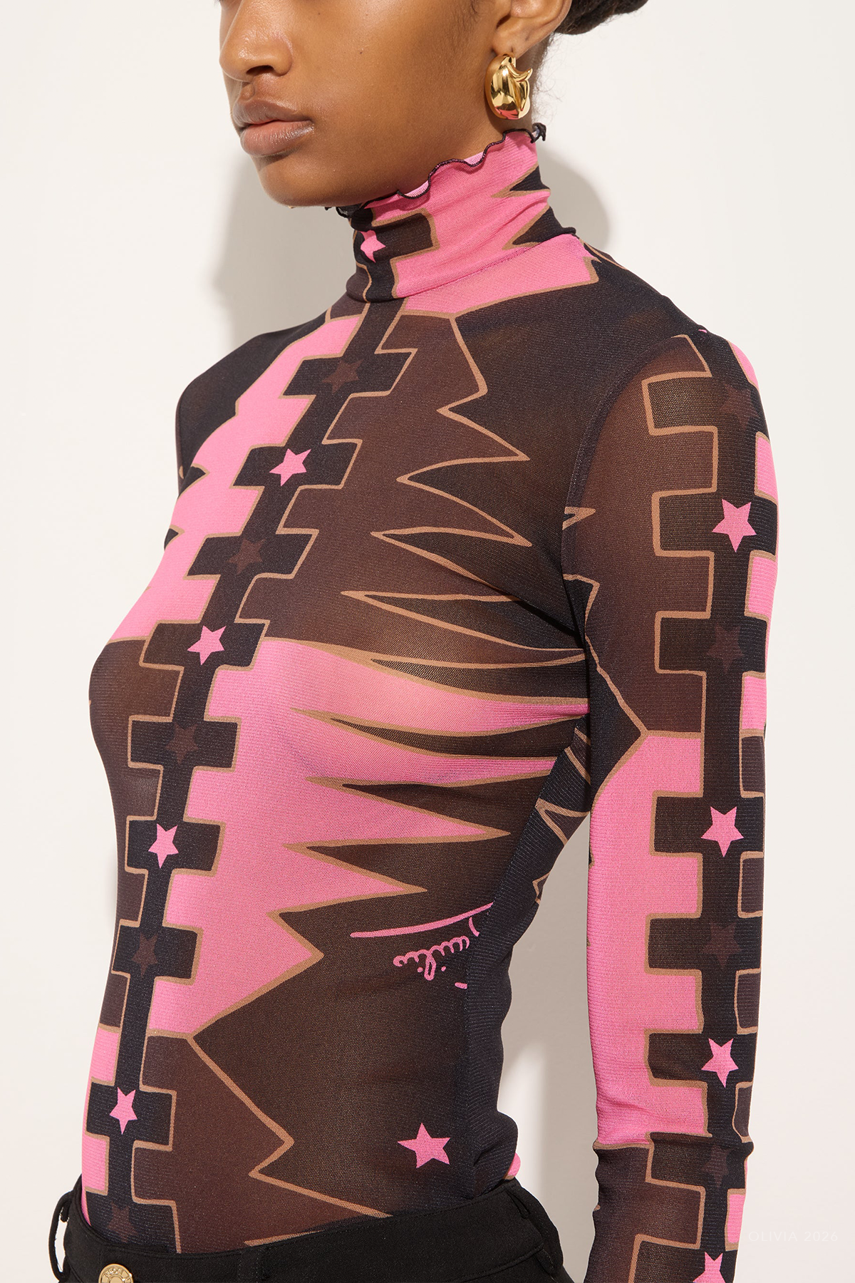 Valdimontone-Print High-Neck Tulle Top in Brown Coral