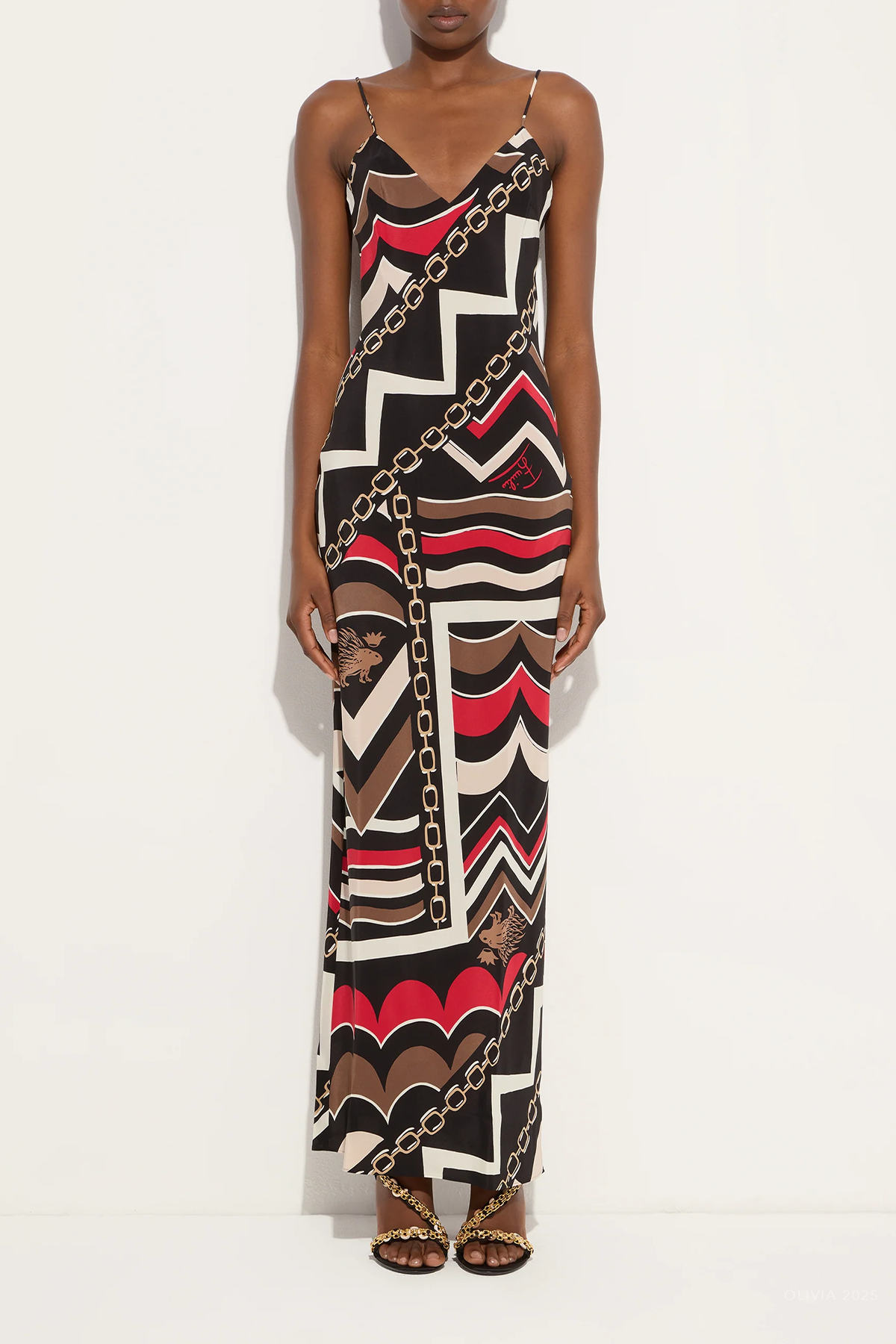 Istrice-Print Long Dress in Gold Red