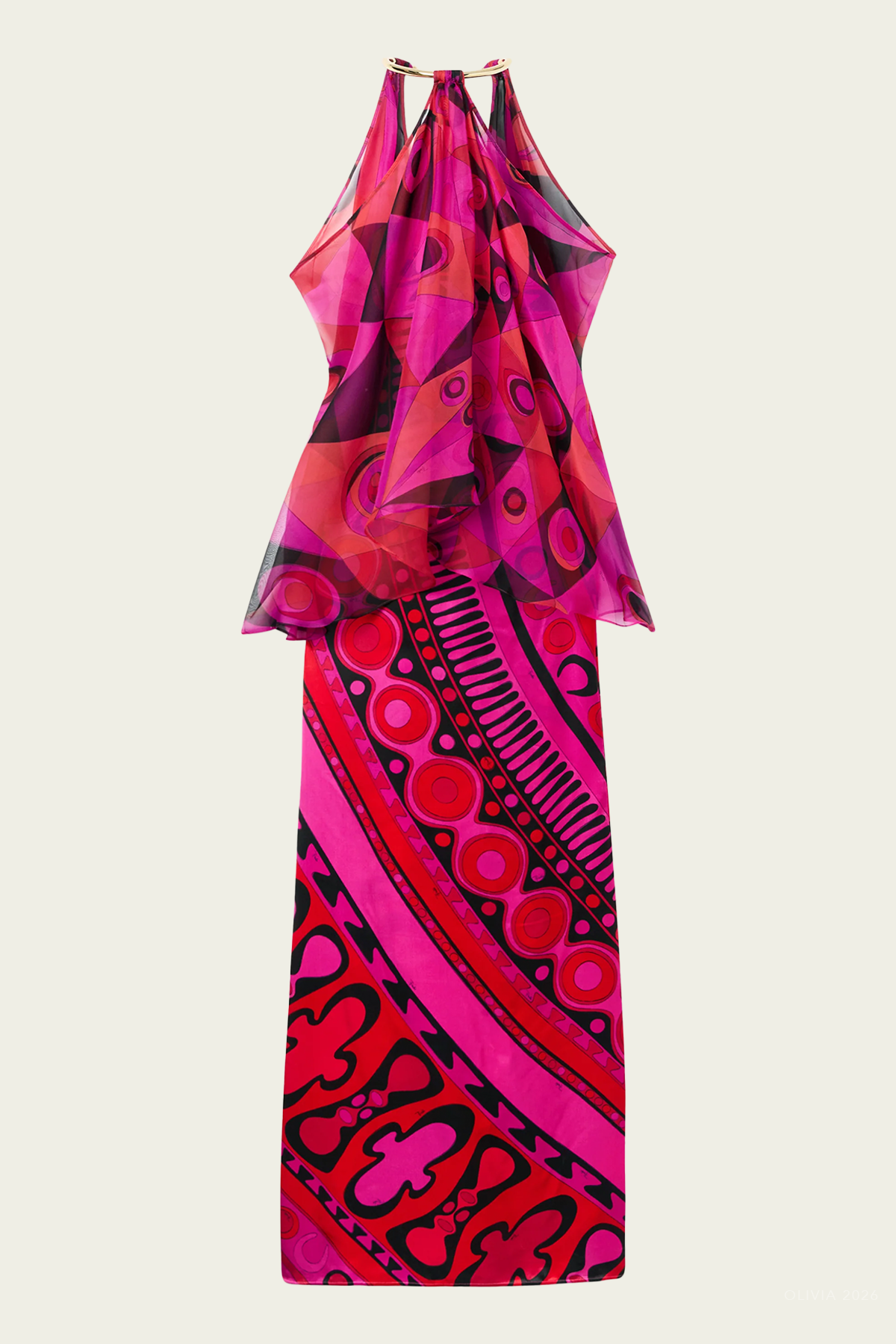 Occhi-Print Satin and Chiffon Dress in Fuchsia Black