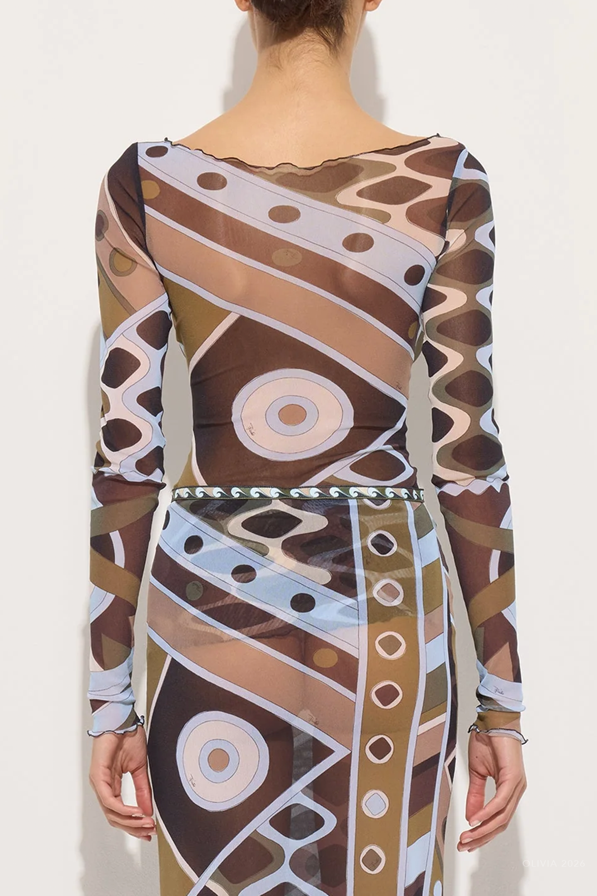 Vivara-Print Long-Sleeve Tulle Top in Khaki Blue