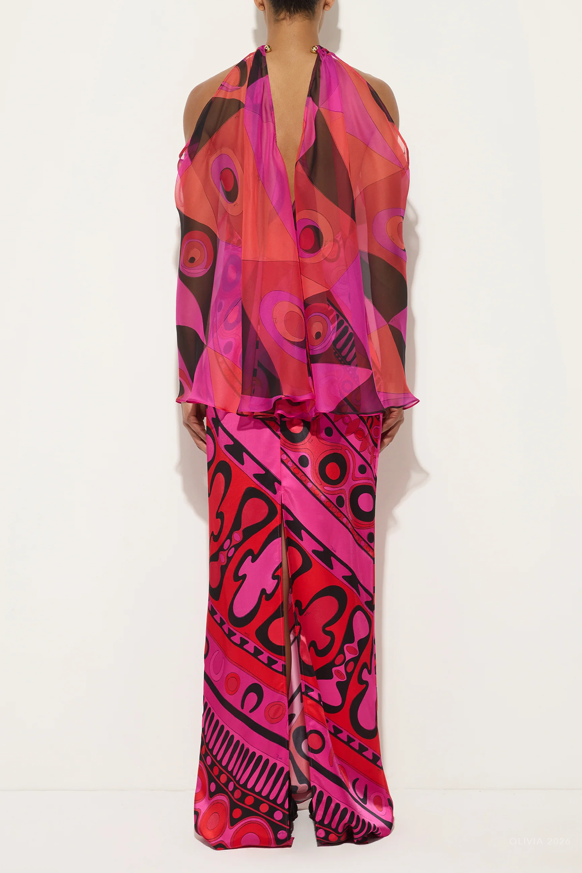Occhi-Print Satin and Chiffon Dress in Fuchsia Black