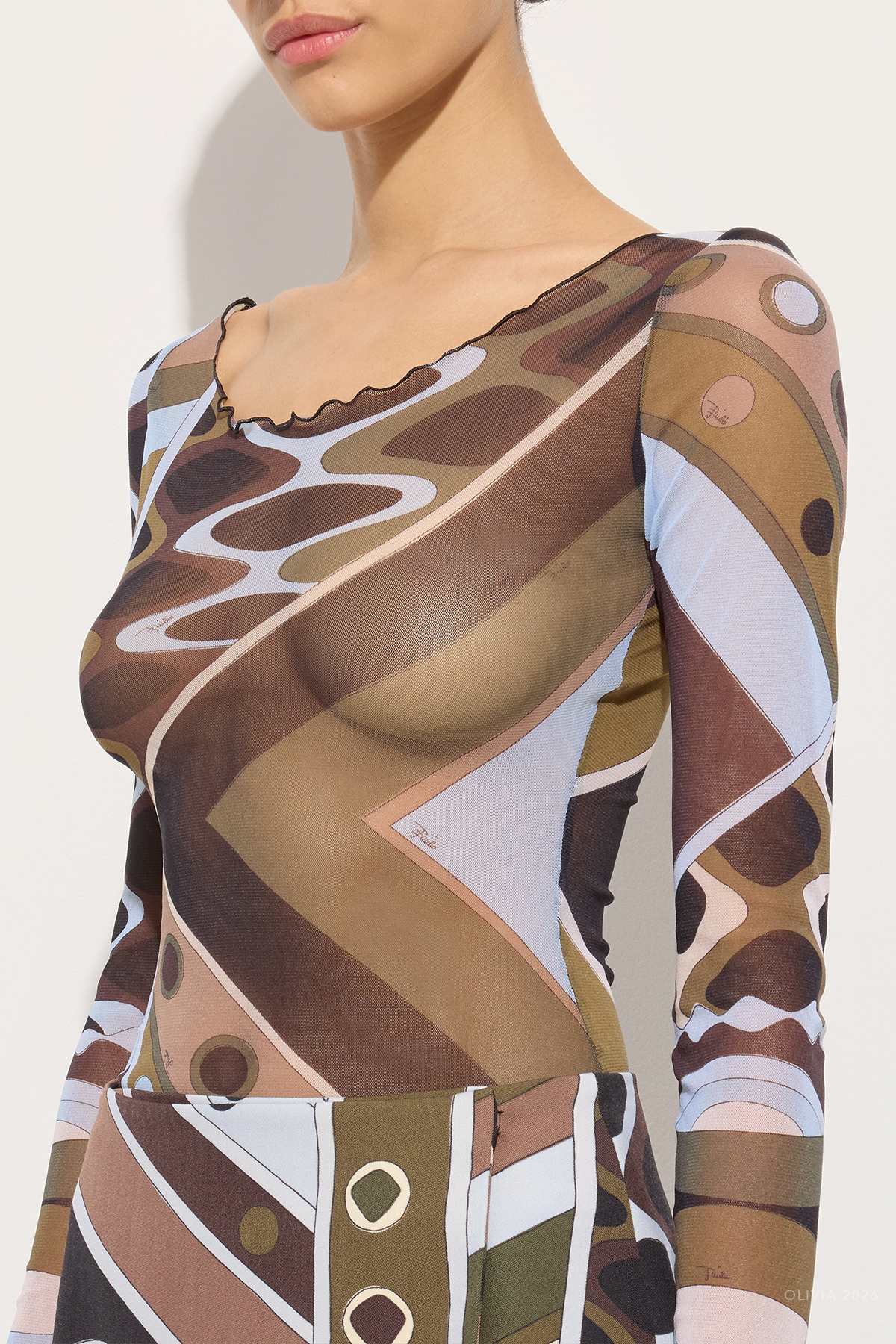 Vivara-Print Long-Sleeve Tulle Top in Khaki Blue