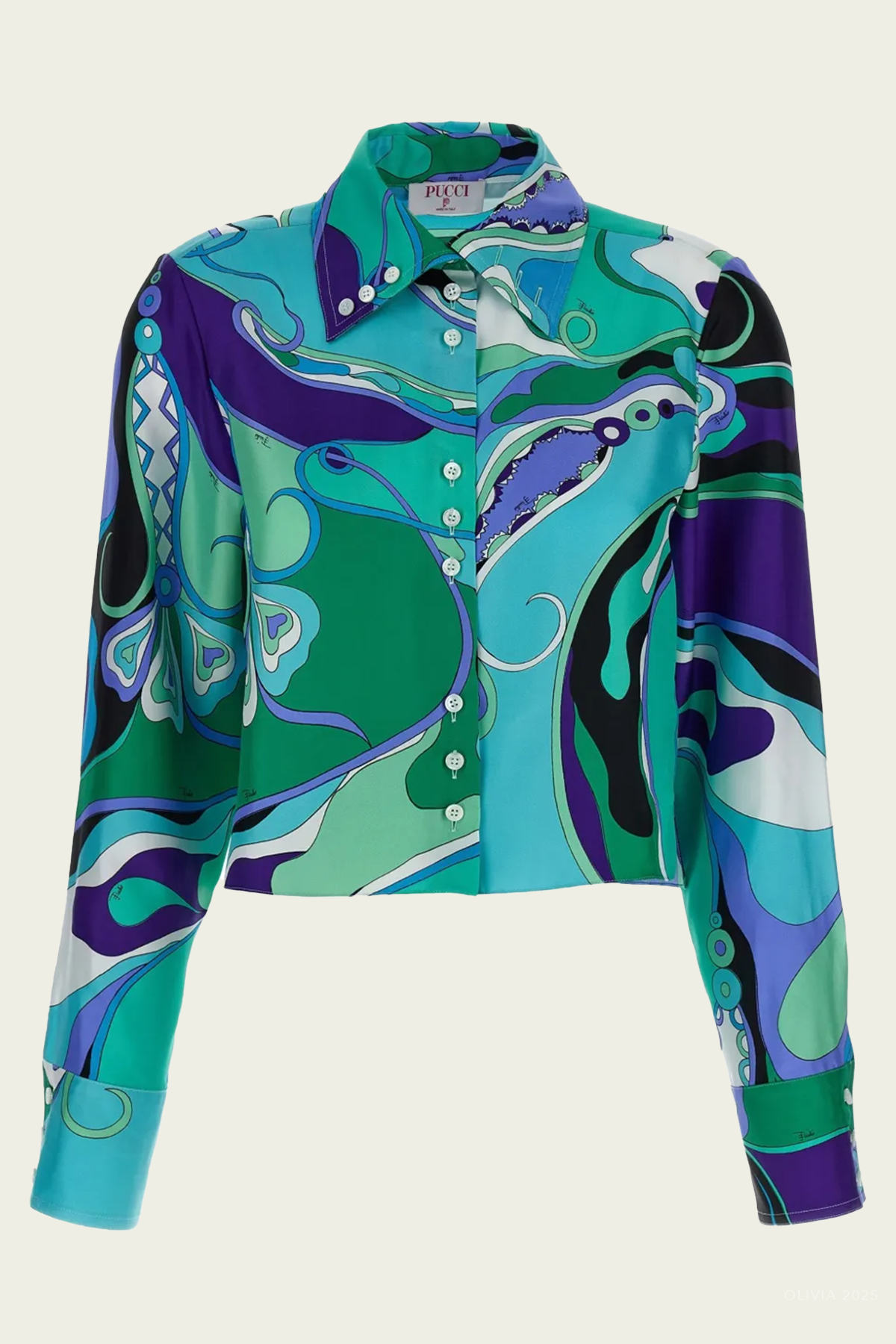 Orchidee-Print Long-Sleeve Silk Shirt in Verde Lilla