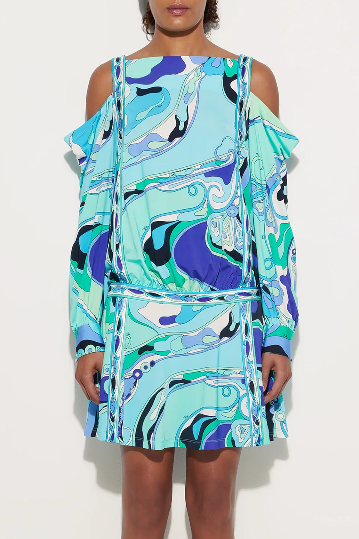 Orchidee-Print Long-Sleeve Jersey Dress in Verde Lilla