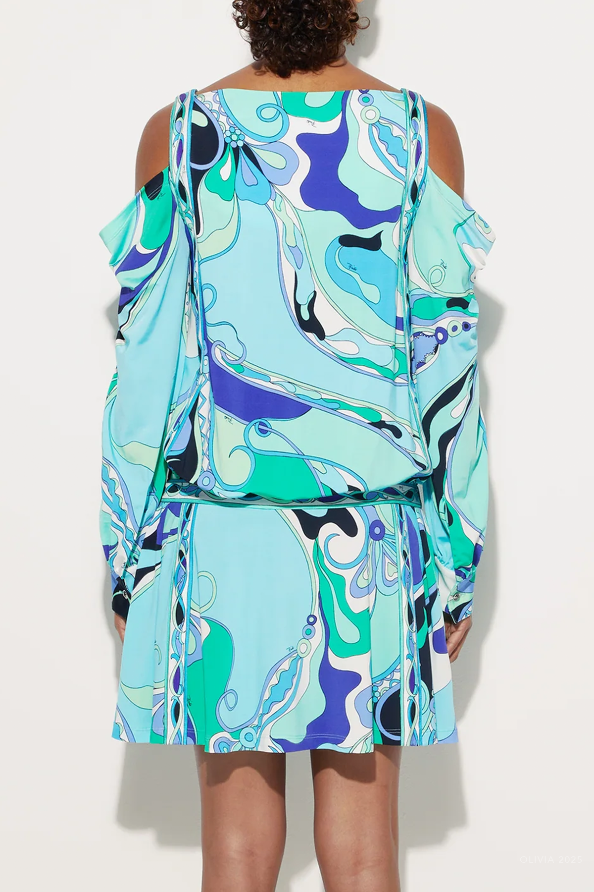 Orchidee-Print Long-Sleeve Jersey Dress in Verde Lilla