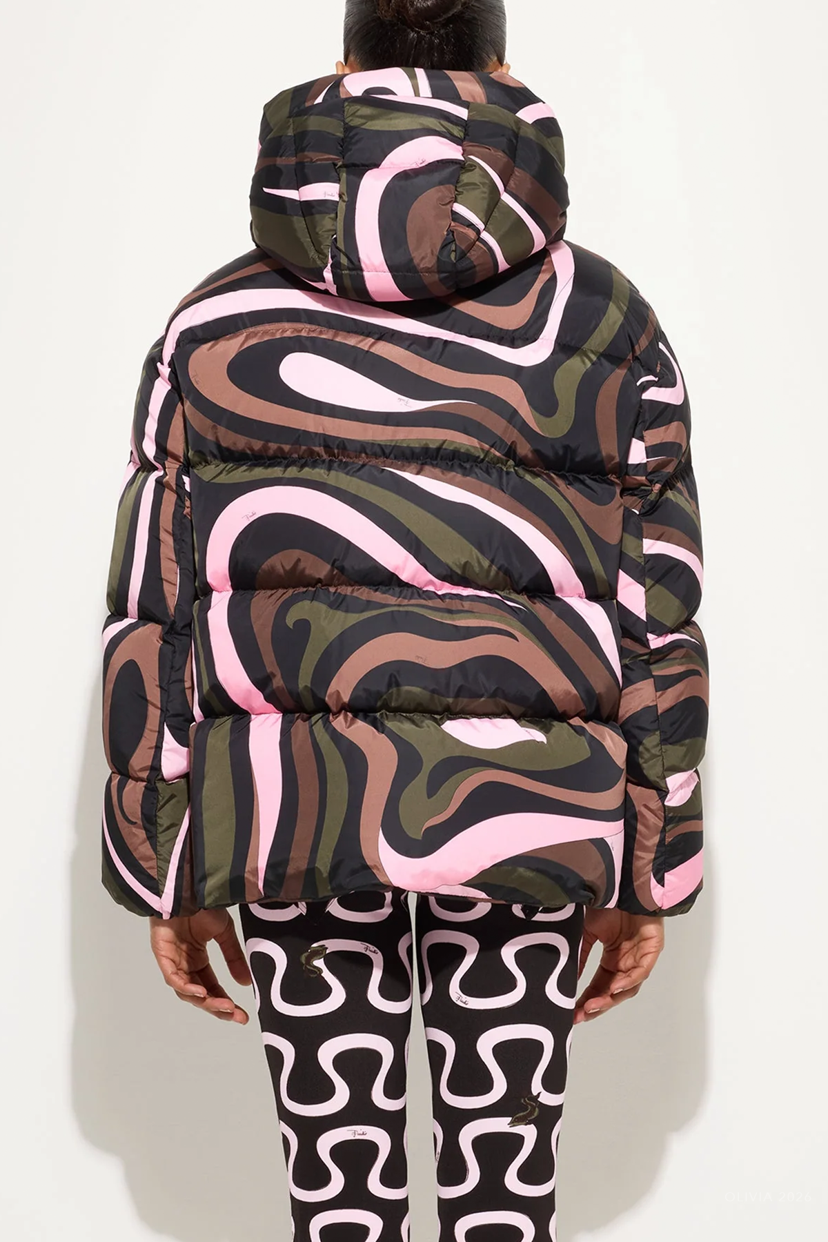 Marmo-Print Down Jacket in Khaki Pink
