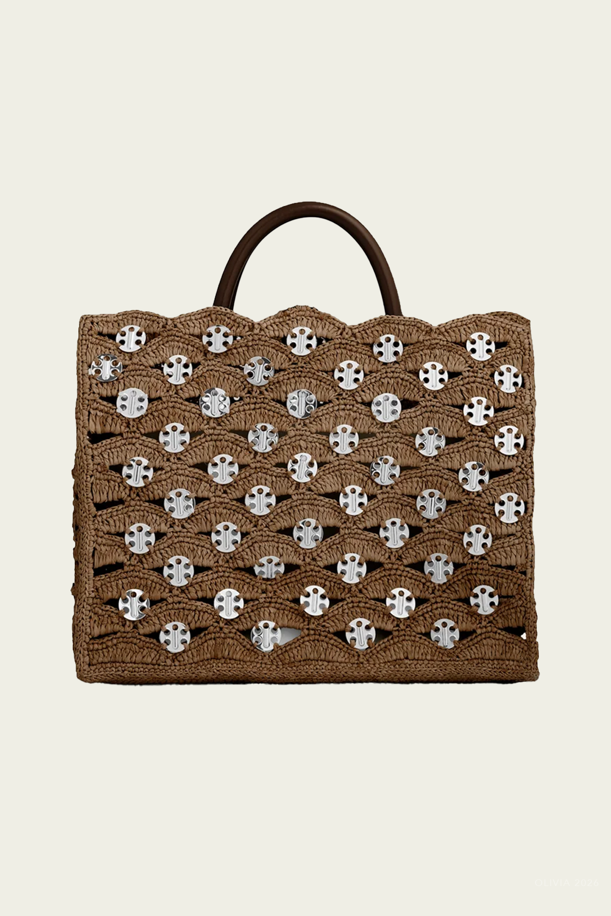 Disc-Link Raffia Tote Bag in Brown Silver