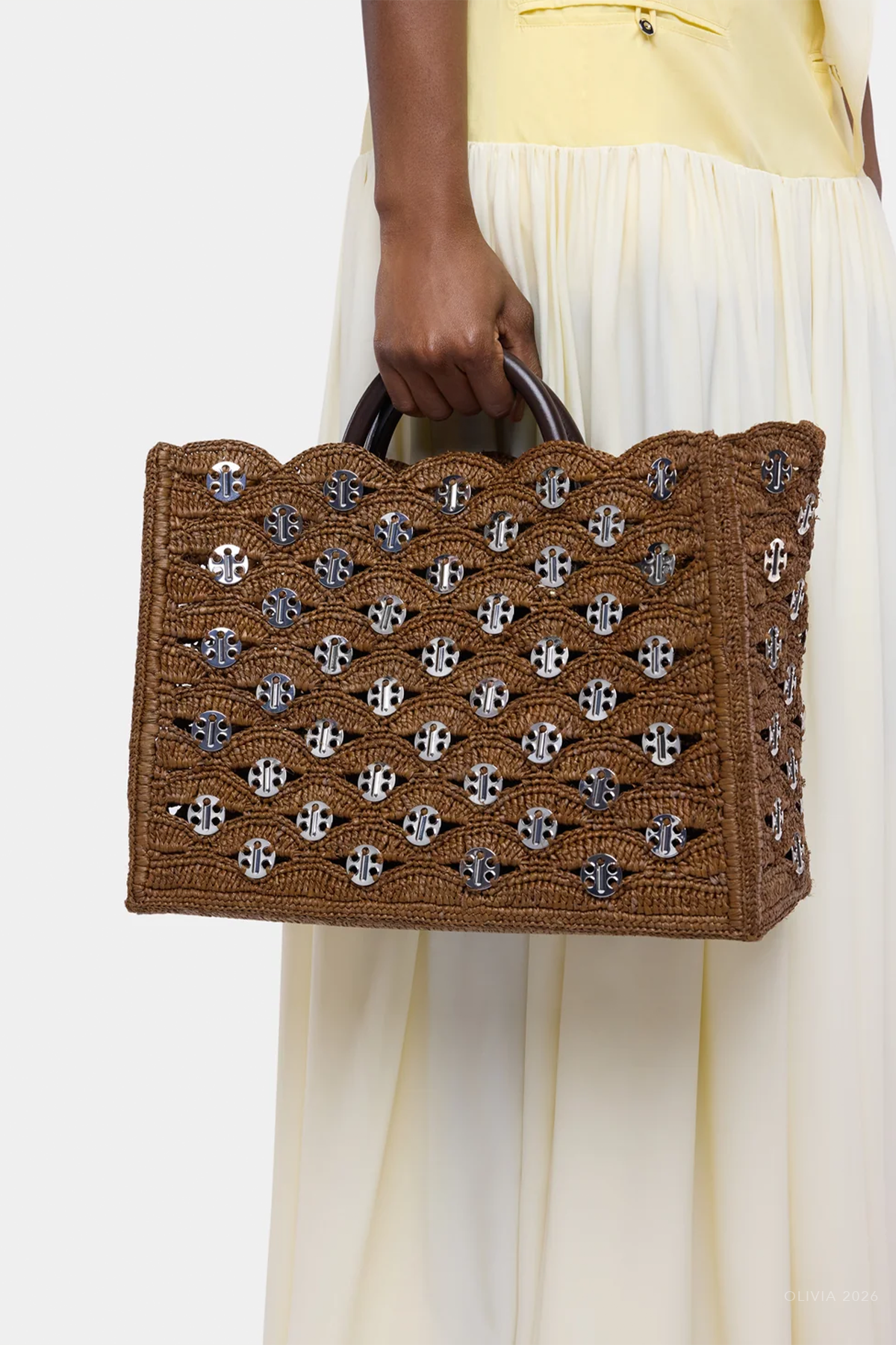 Disc-Link Raffia Tote Bag in Brown Silver