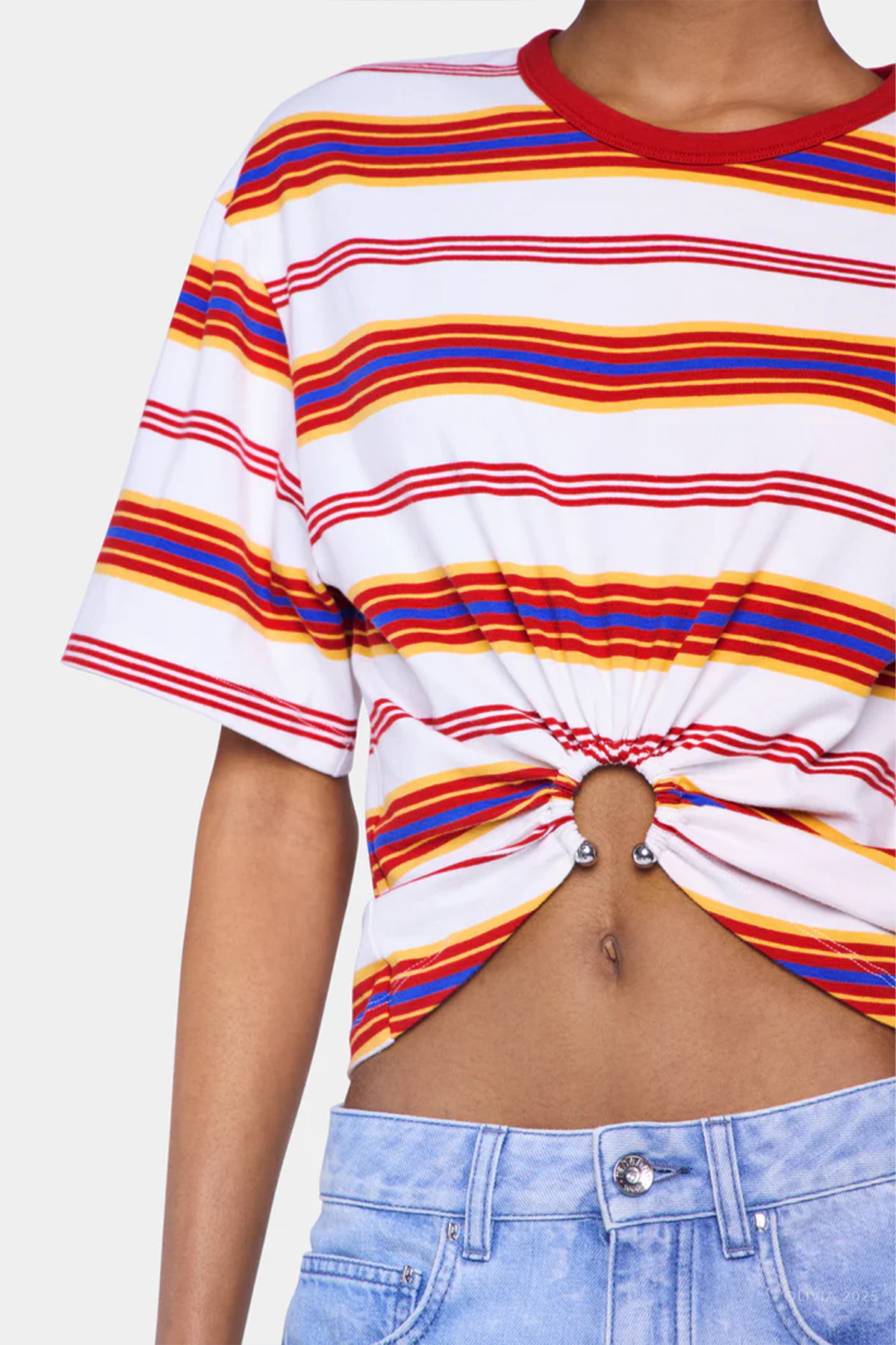 Piercing Detail Cropped T-Shirt in Stripe Cream