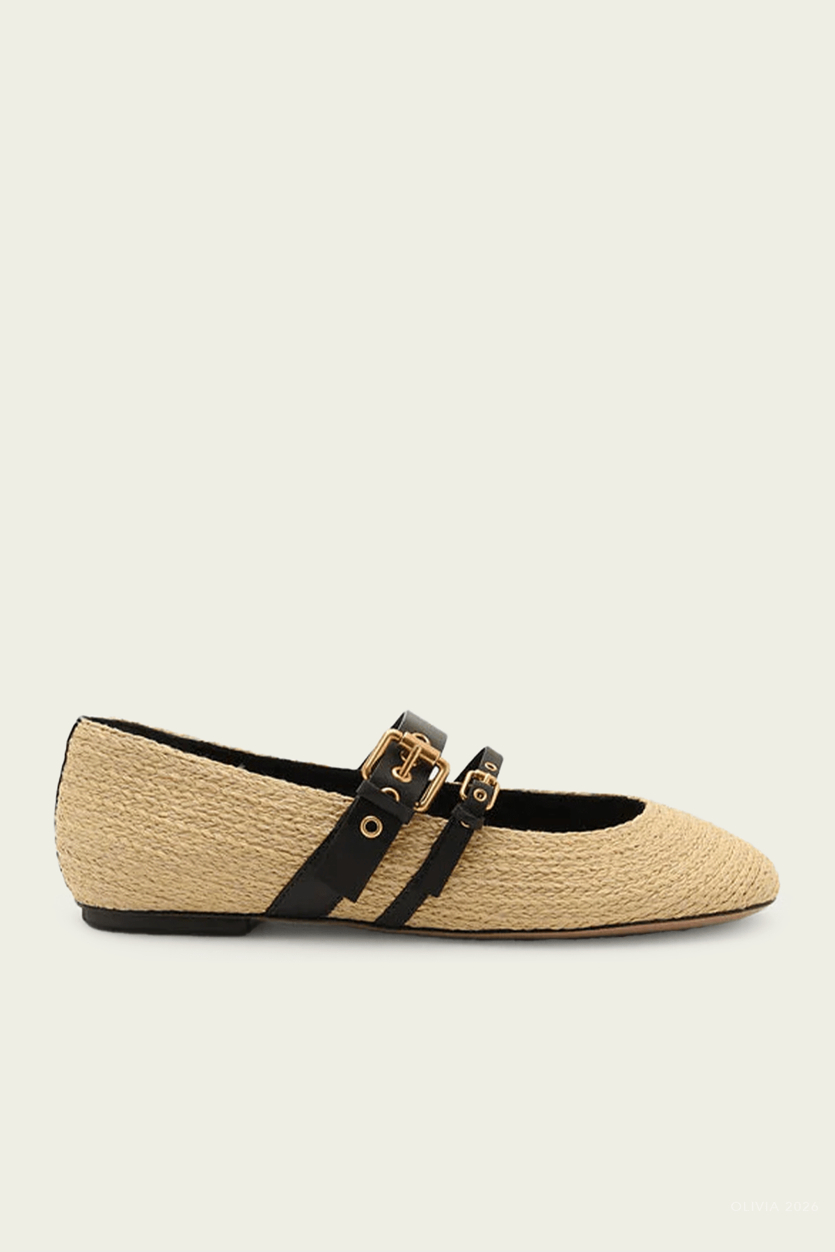Raffia Flat Ballerina in Black Natural - shop - olivia.com