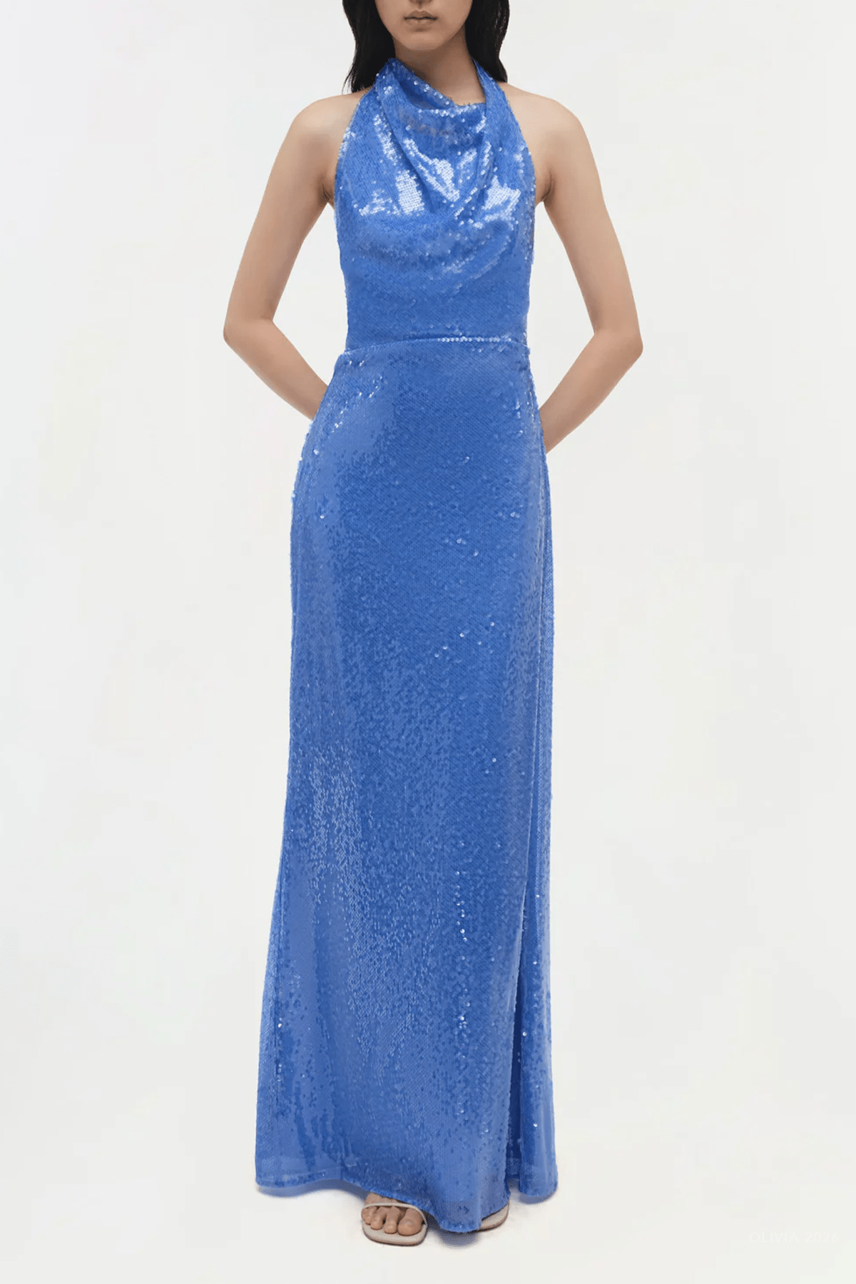 Reannon Draped Sequin Gown in Periwinkle - shop - olivia.com