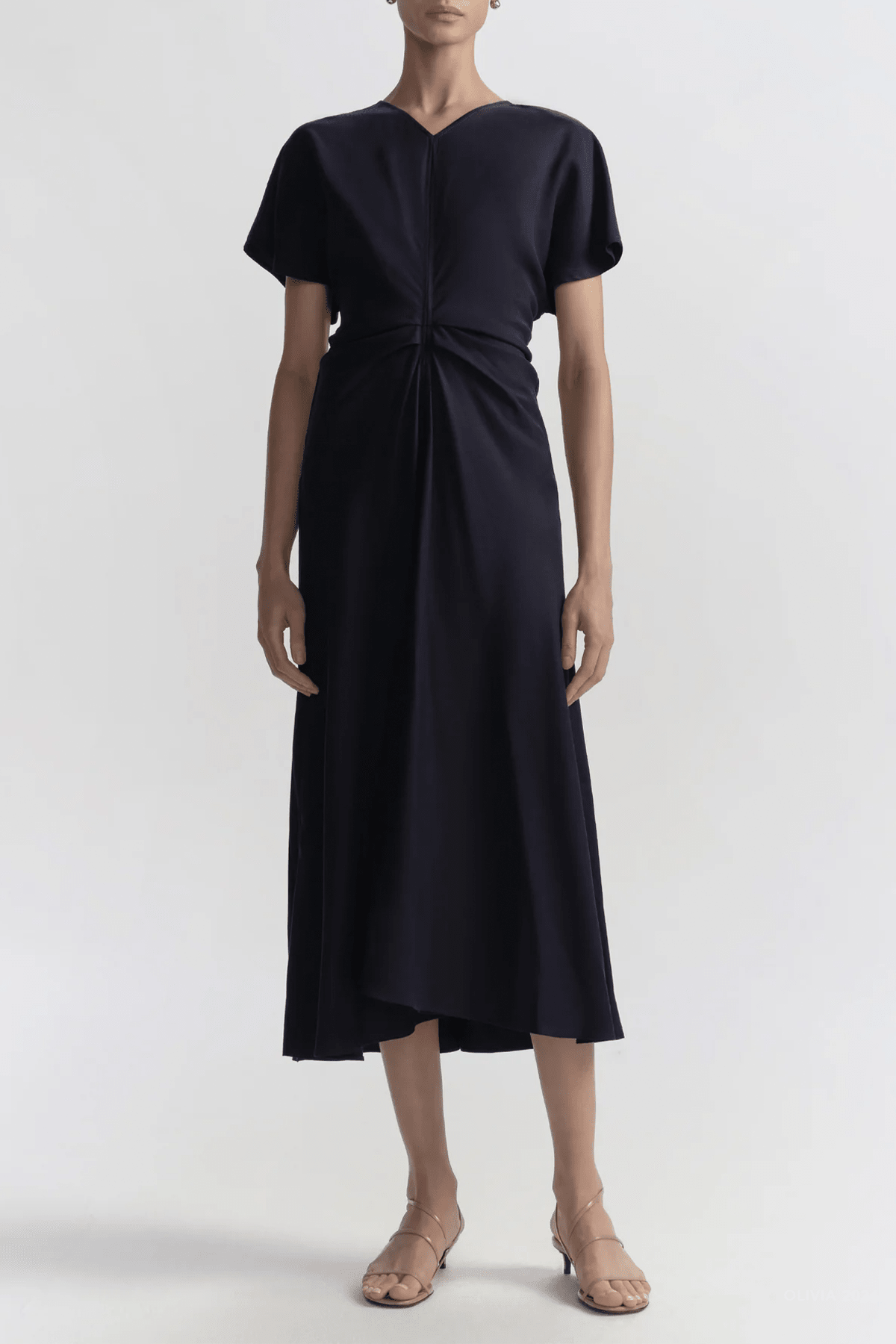 Rem Ruched Midi Dress in Night Blue - shop - olivia.com