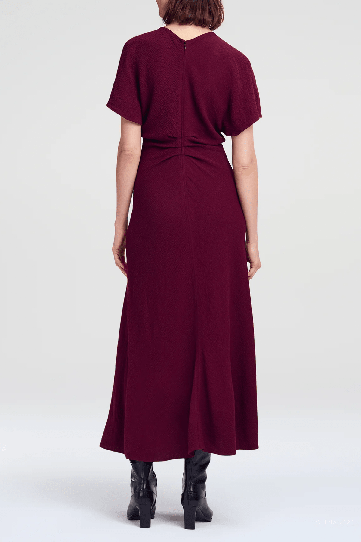 Rem Textured Crepe Ruched Midi Dress in Pinot Red - shop-olivia.com