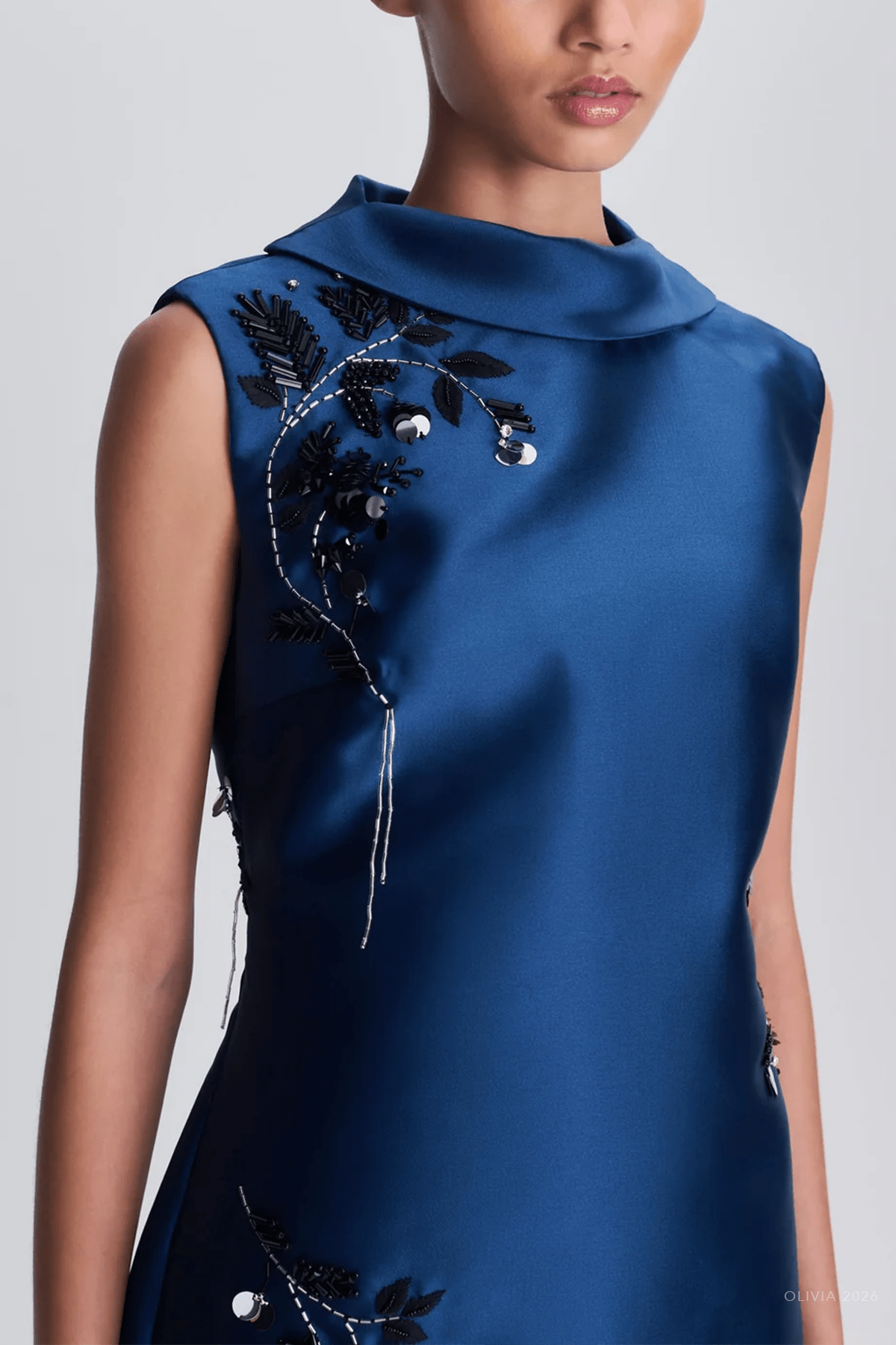 Renza Embellished Mini Dress in Ink - shop-olivia.com