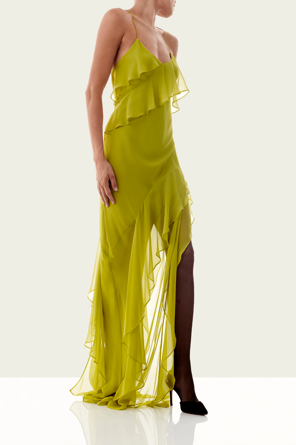 chartreuse silk dress Alejandra Alonso Rojas Alina Ruched Gown in 2 Ruffle Bias Gown in Chartreuse
