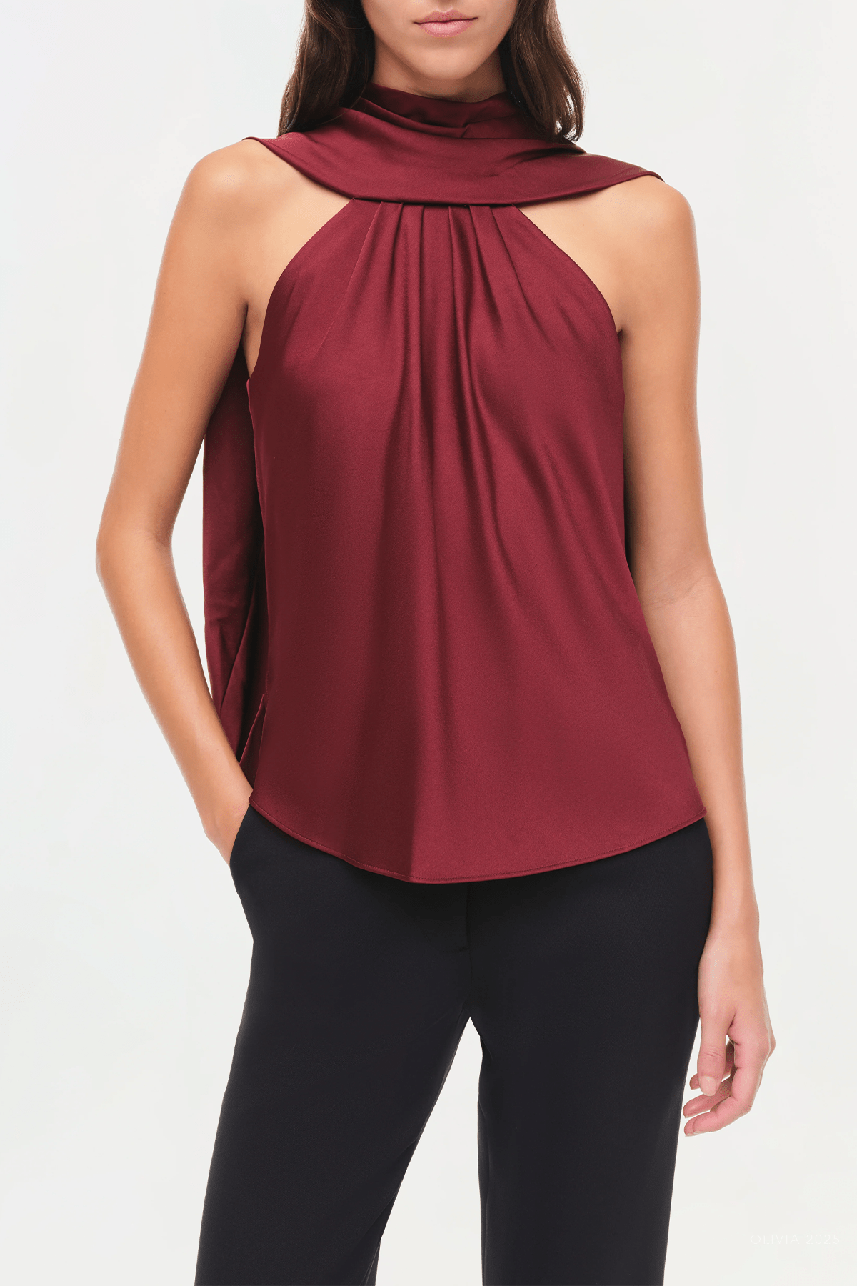 Scarlett Satin Cape Top in Oxblood - shop - olivia.com
