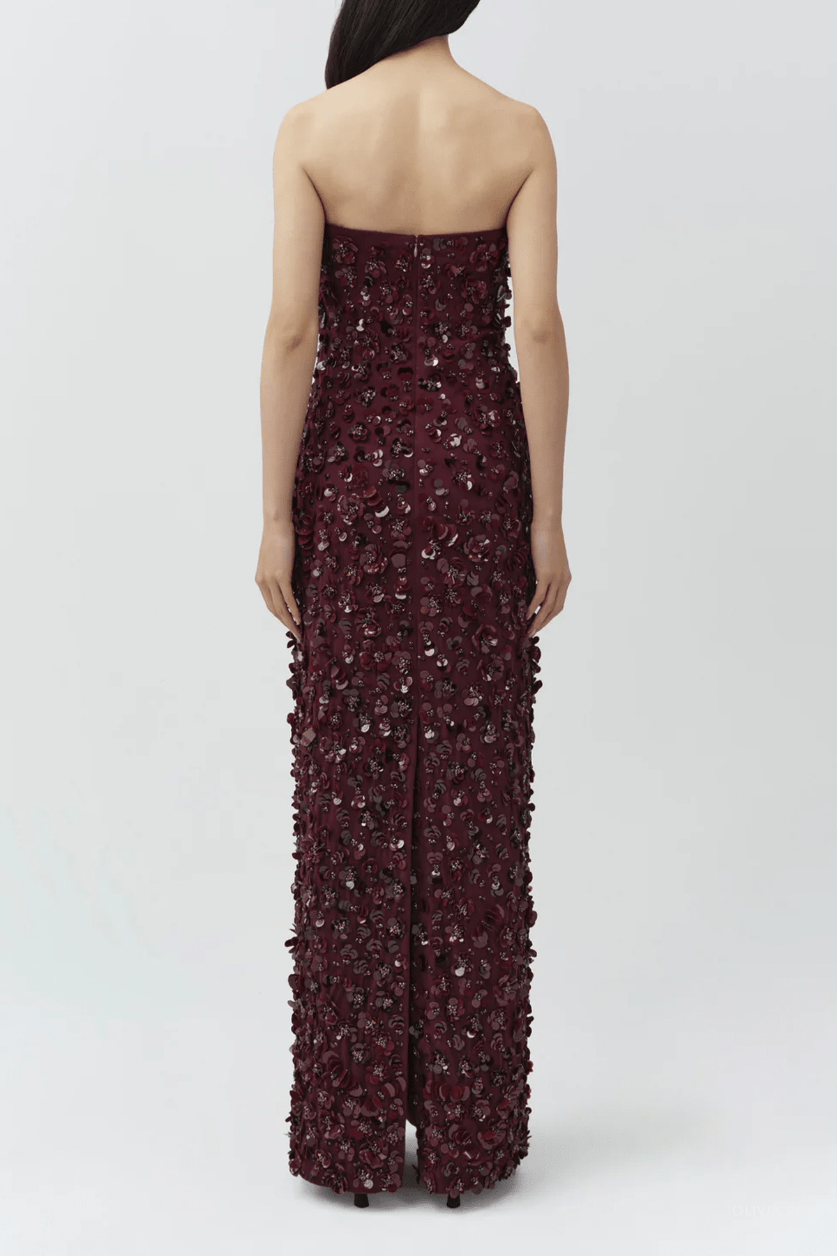 Serafina Strapless Embellished Gown in Fig - shop-olivia.com