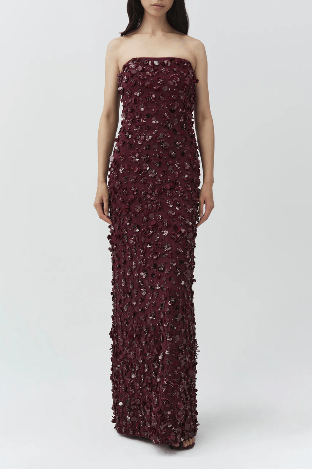 Serafina Strapless Embellished Gown in Fig - shop-olivia.com