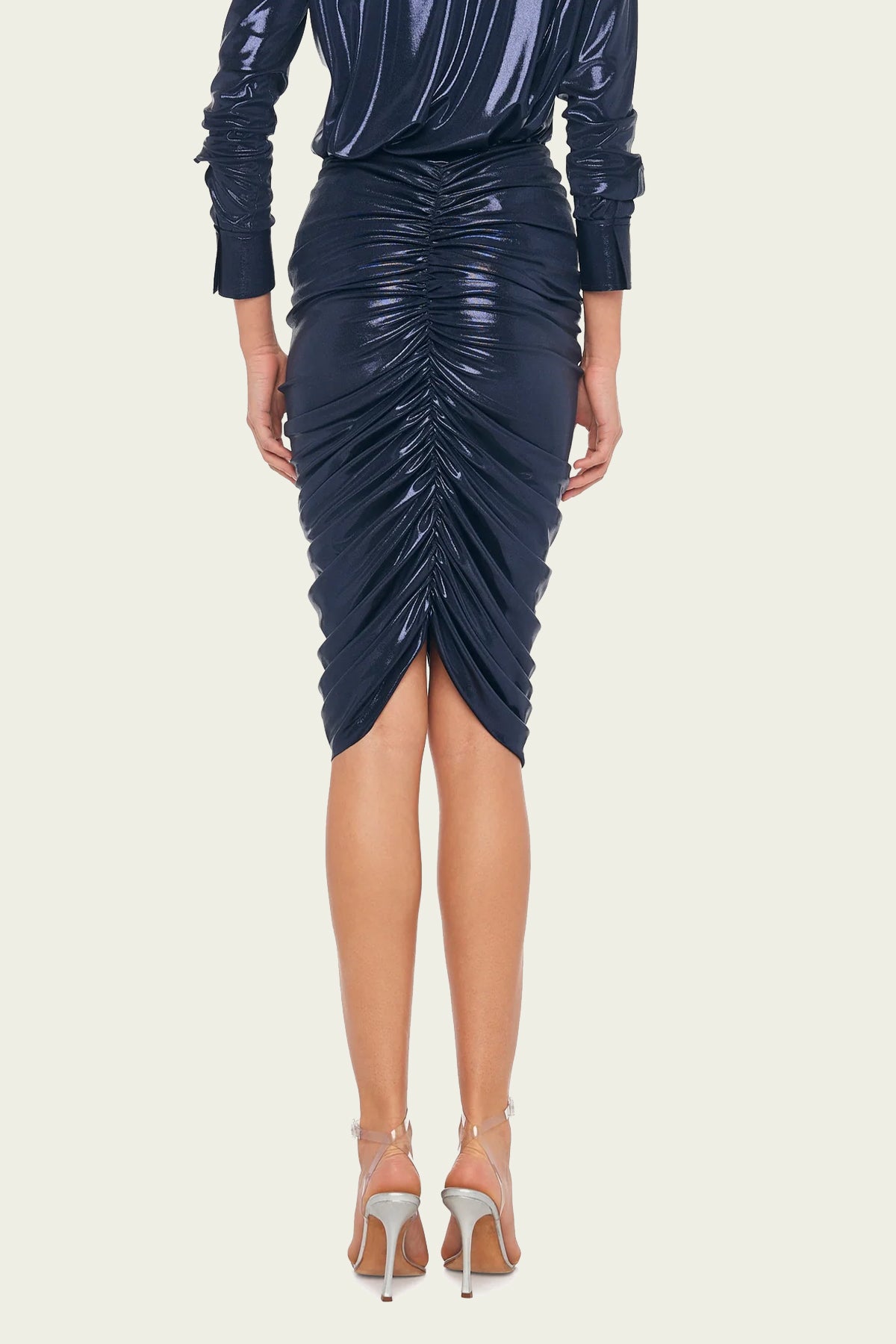 Shirred Skirt to Knee in True Navy - shop-olivia.com