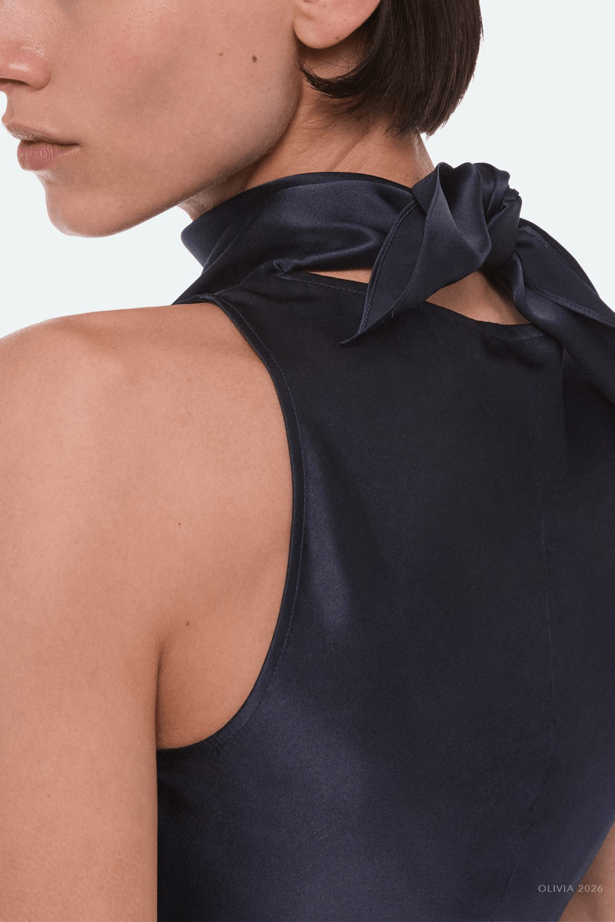 Silk Tie-Neck Top in Navy - shop-olivia.com