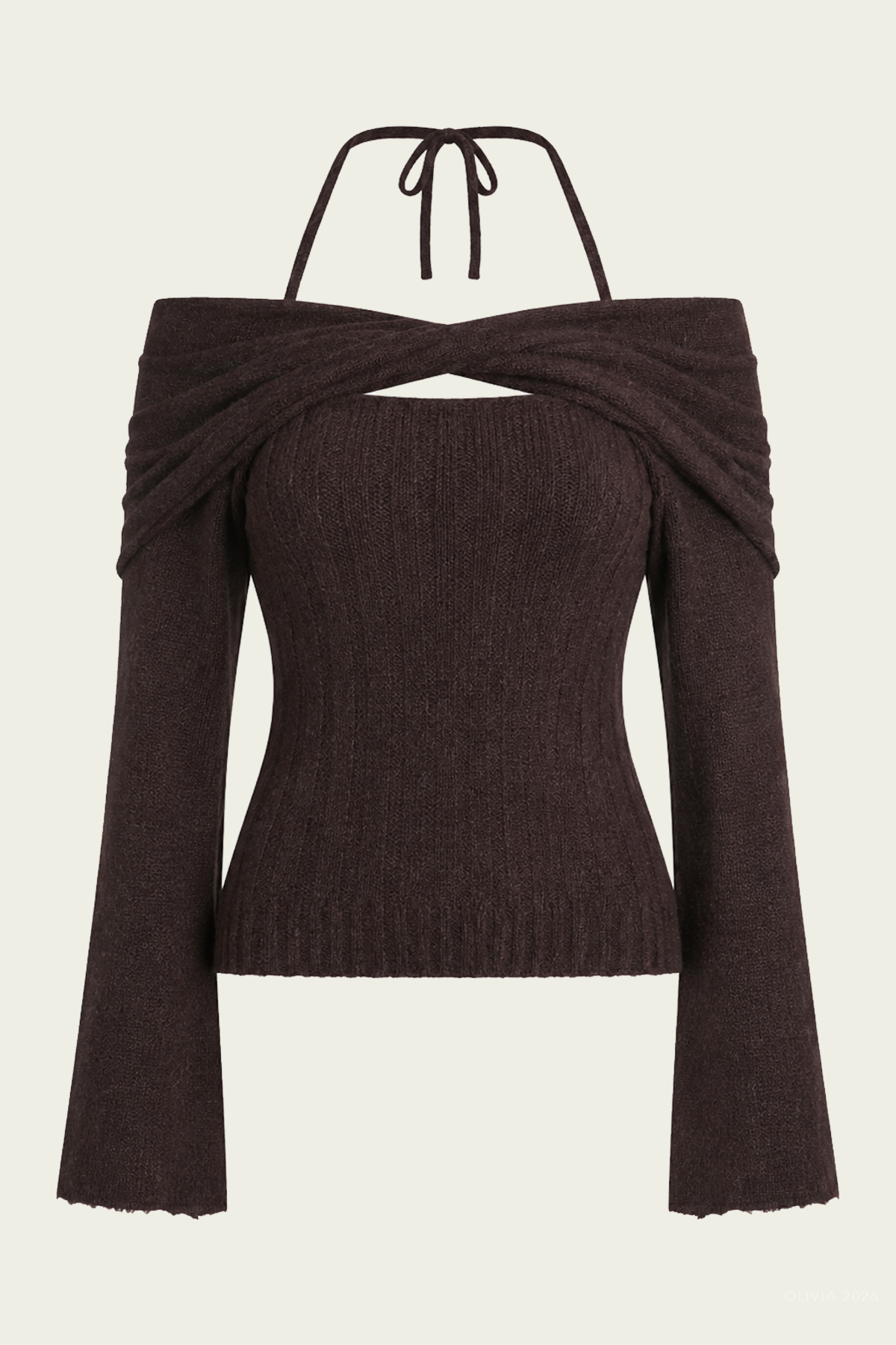 Cambria Long-Sleeve Off-Shoulder Top in Chocolate