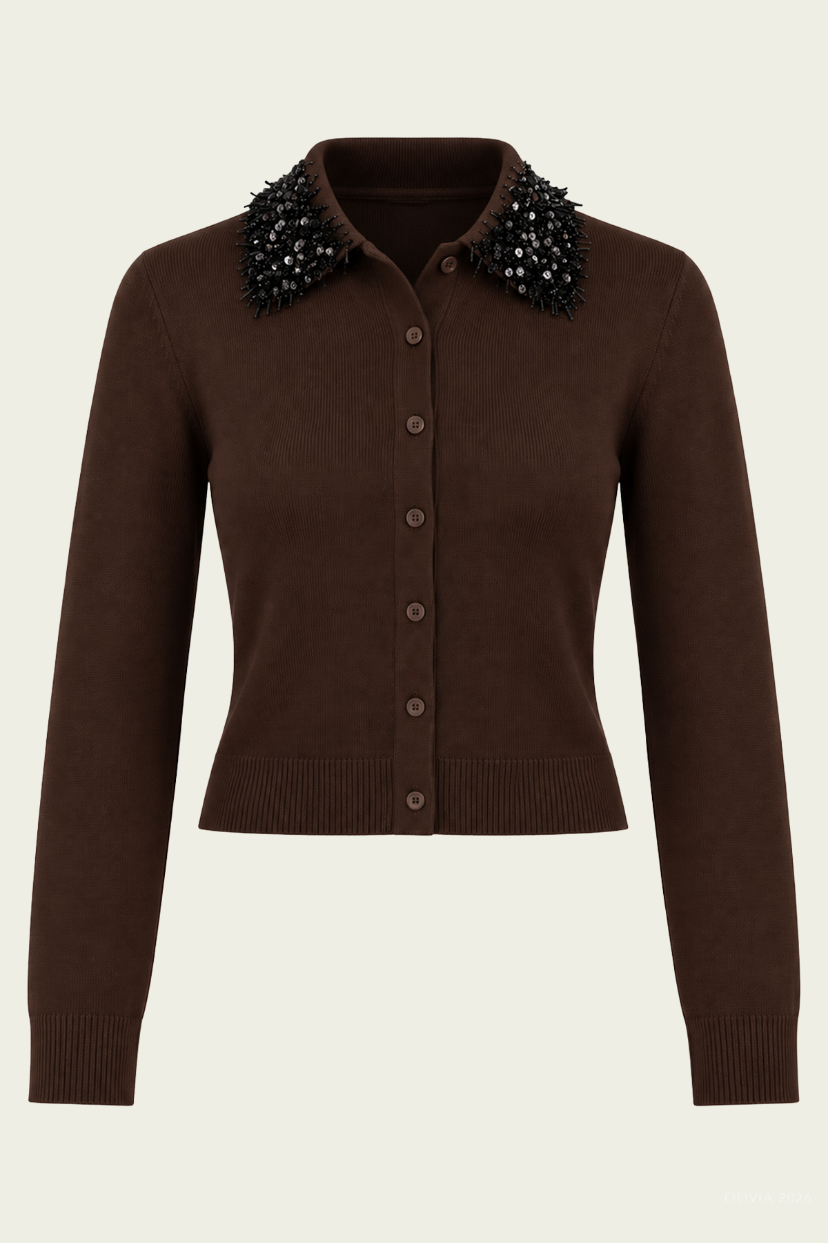 Trae Embellished-Collared Cardigan in Chocolate Black