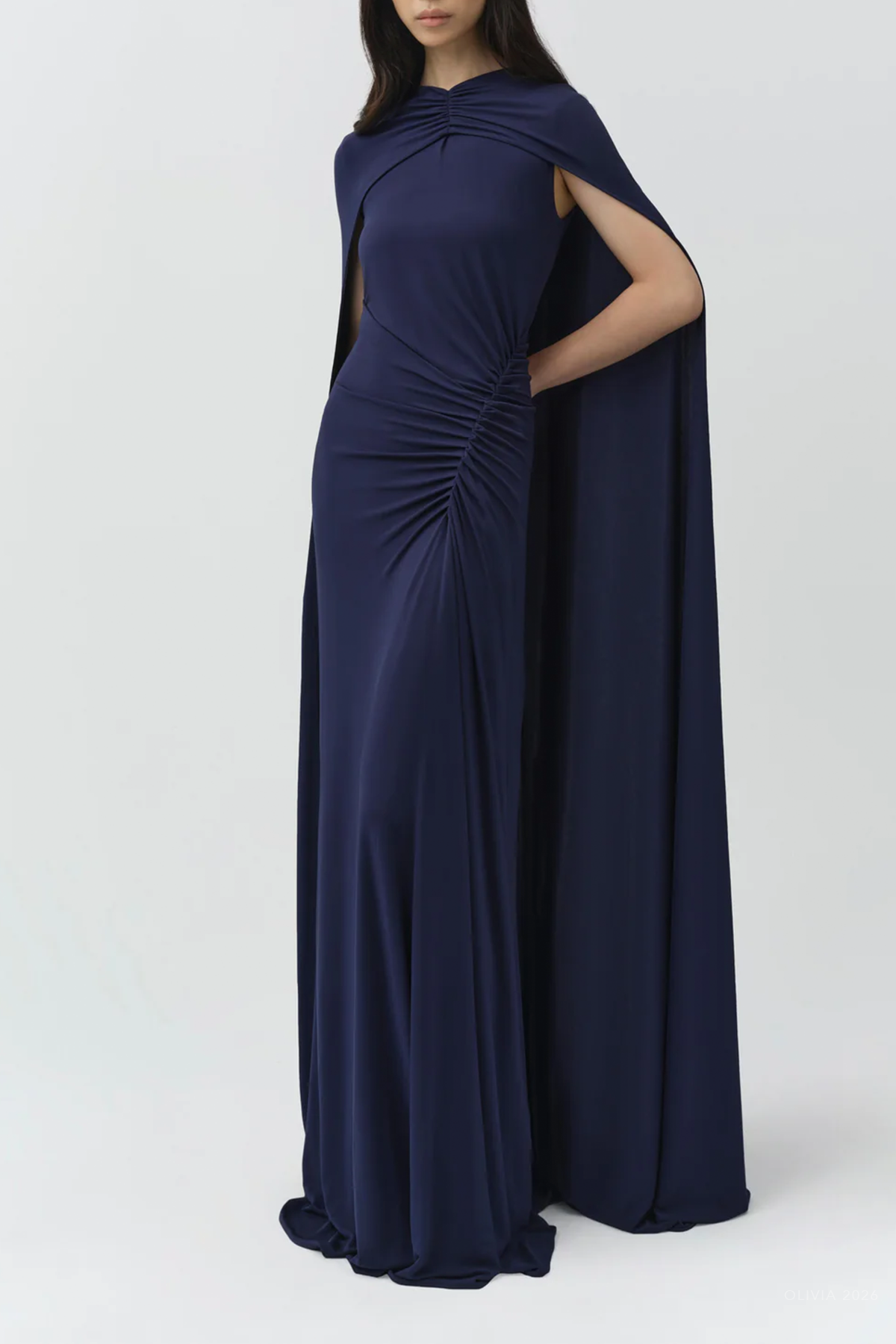 Demi Draped Jersey Cape Gown in Midnight