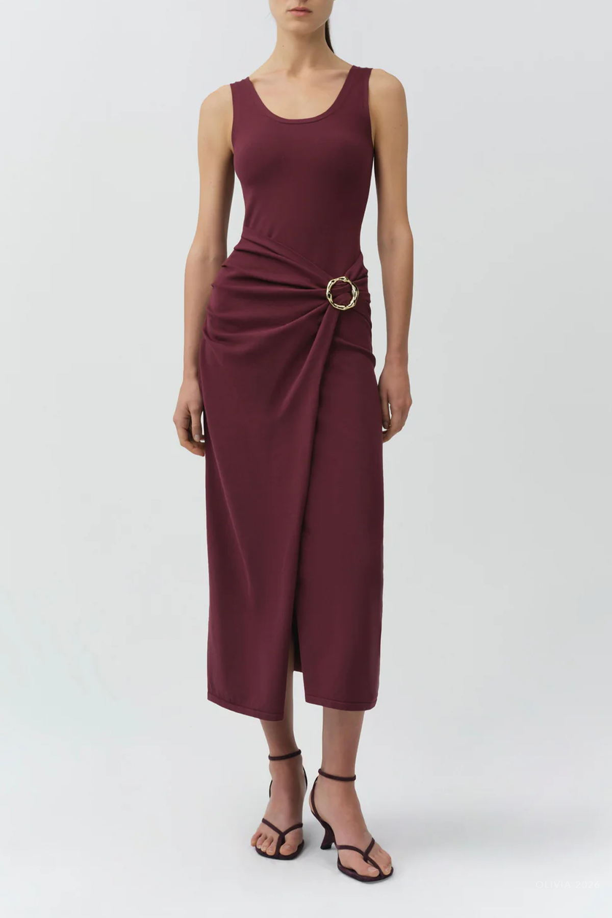 Genne Draped Knit Midi Dress in Fig