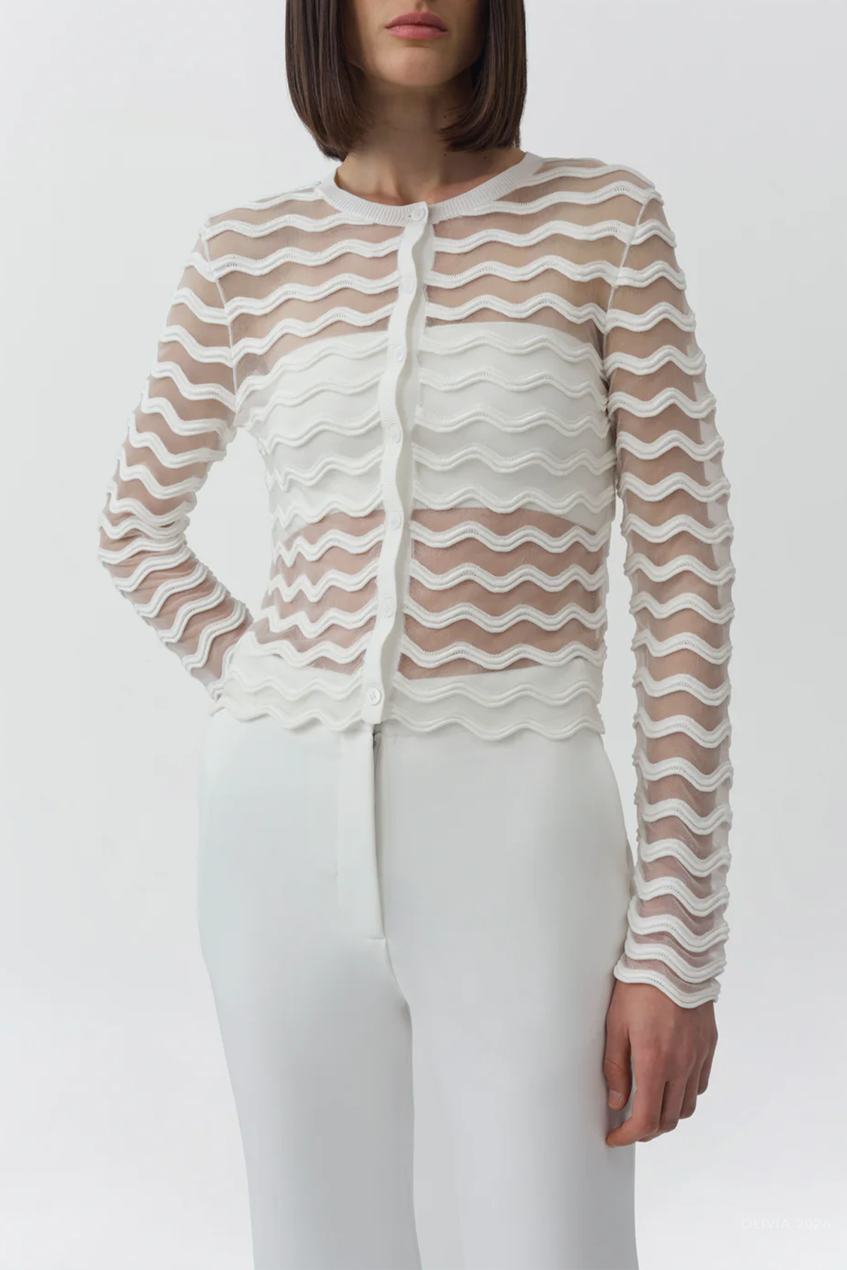 Maxime Wavy Knit Cardigan in Ivory