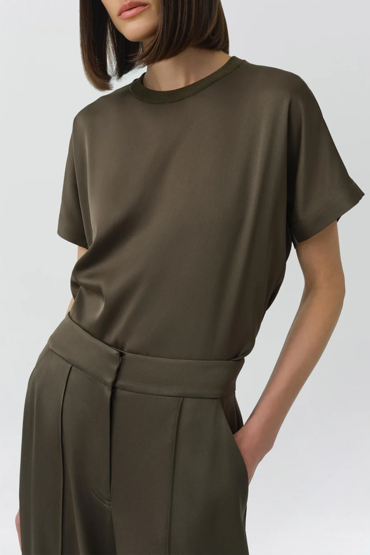 Addy Satin Combo Tee in Dark Olive
