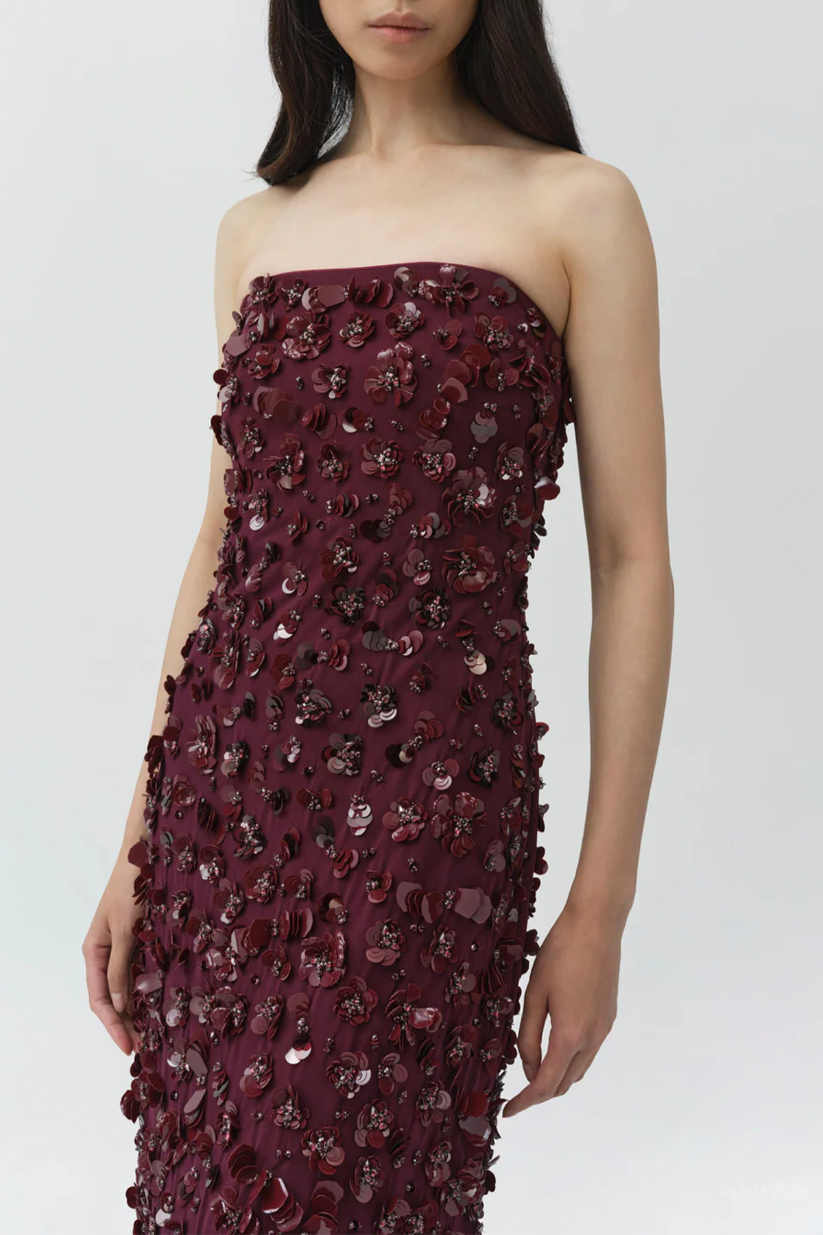 Serafina Strapless Embellished Gown in Fig