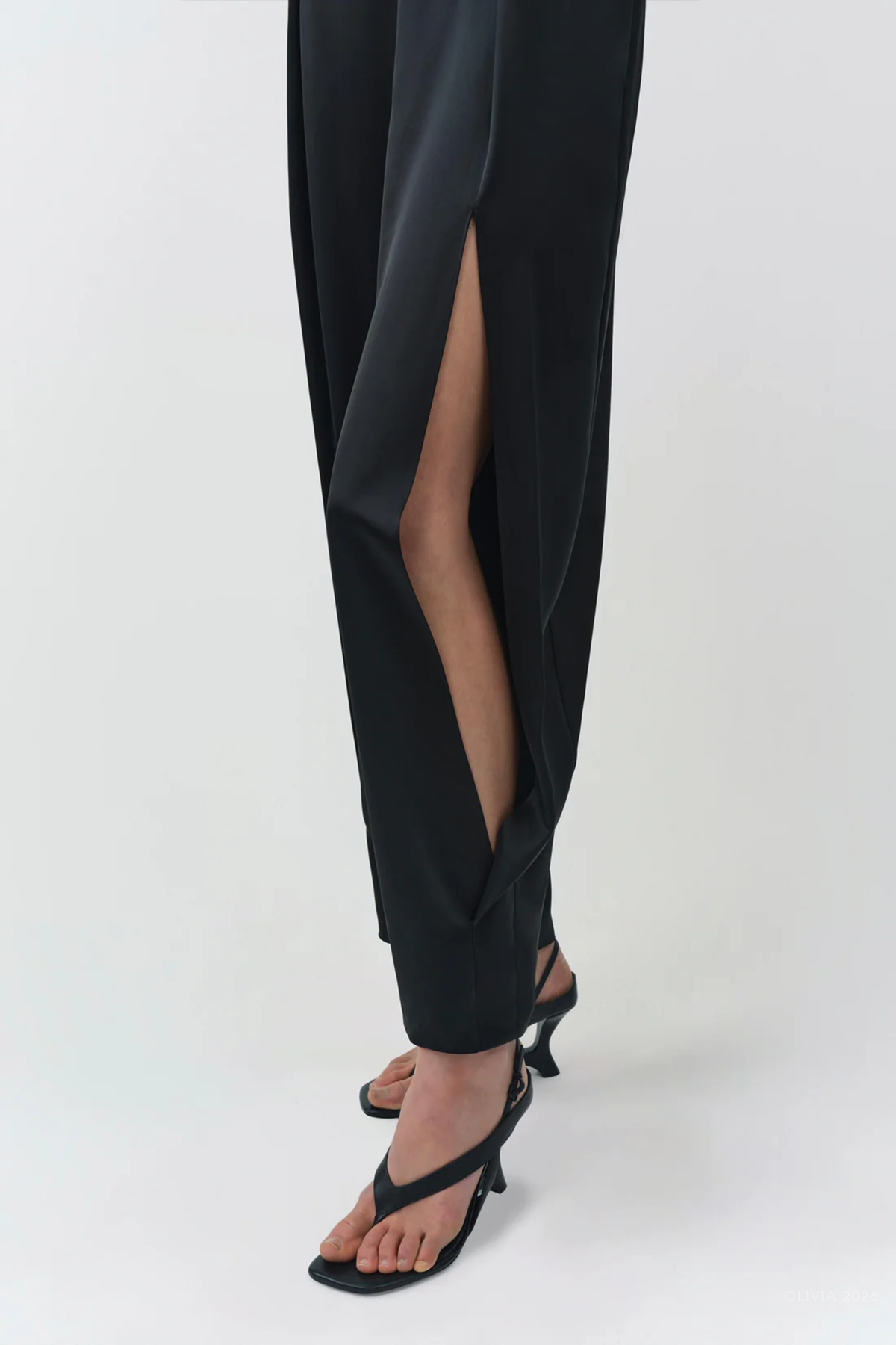 Faye Satin Side Slit Pant in Black
