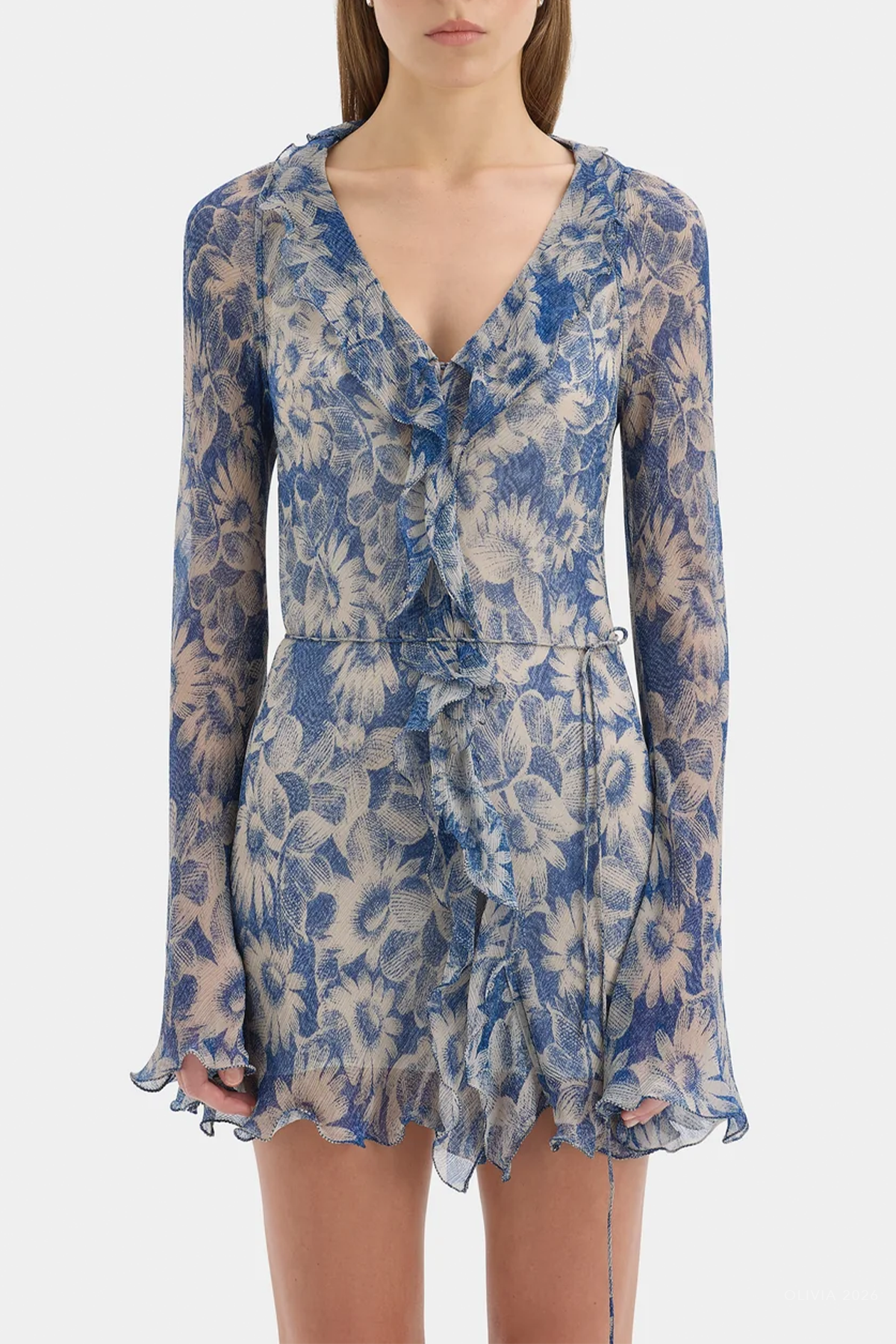 Lilia Ruffle Long-Sleeve Mini Dress in Daisy Meadow