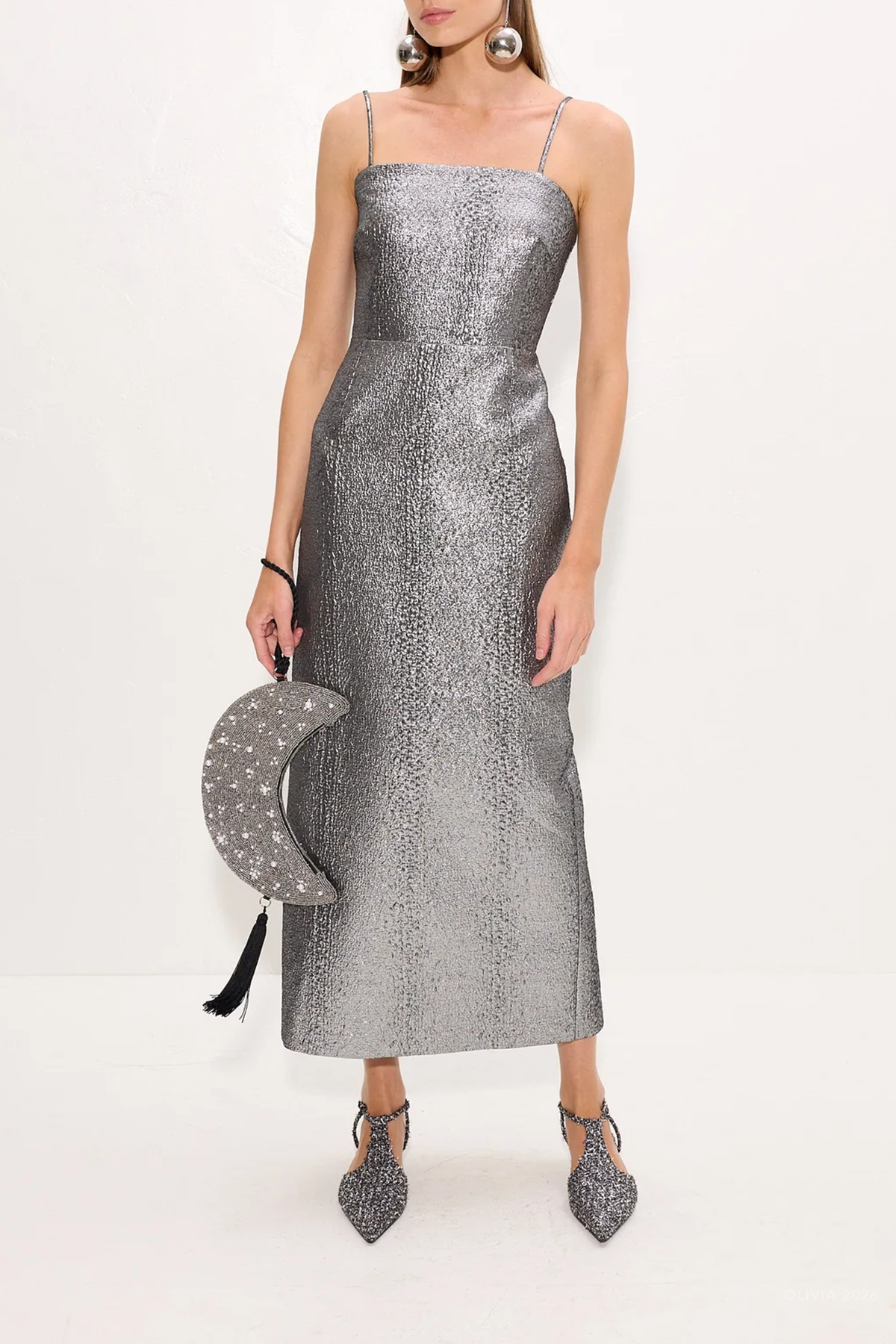 Verdelle Metallic Midi Dress in Pewter