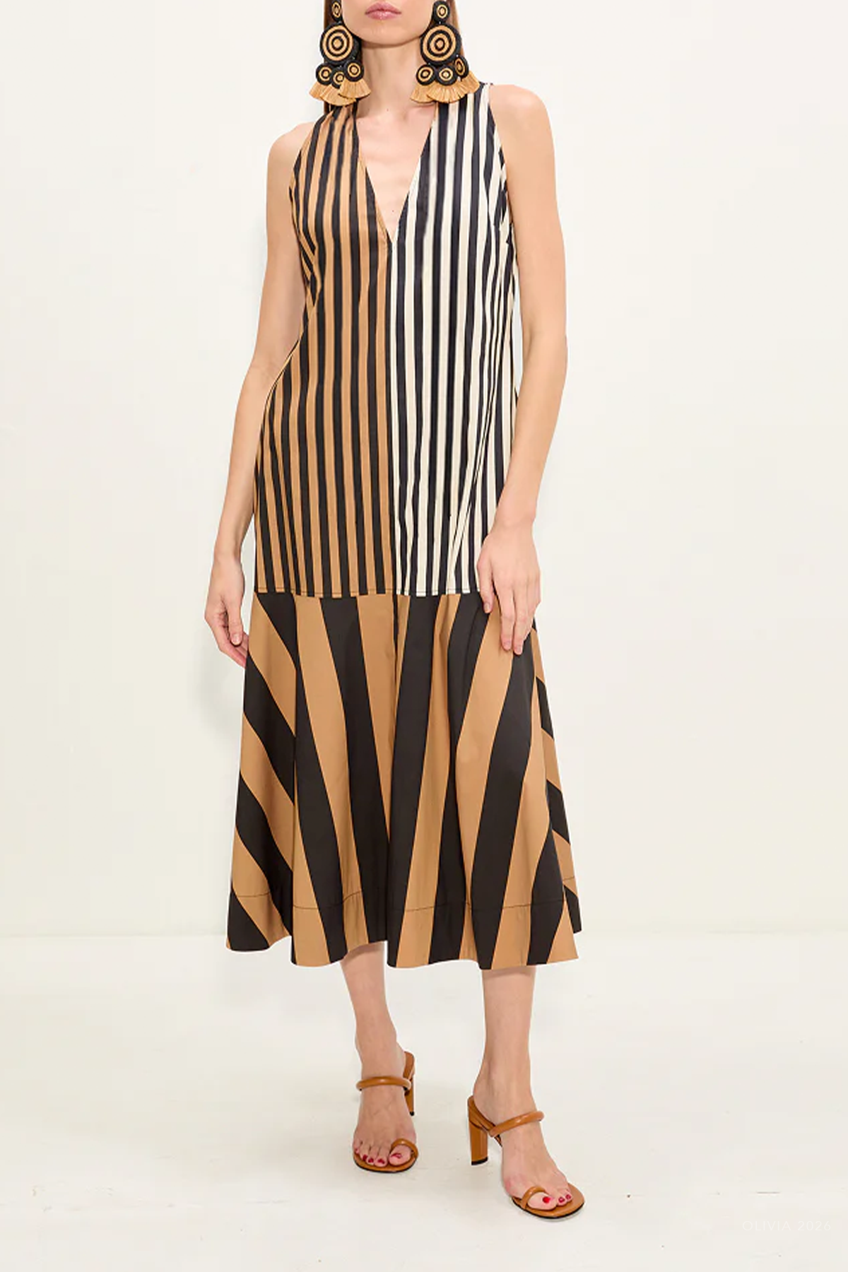 Celeste Poplin Dress in Black Tan Stripe Combo